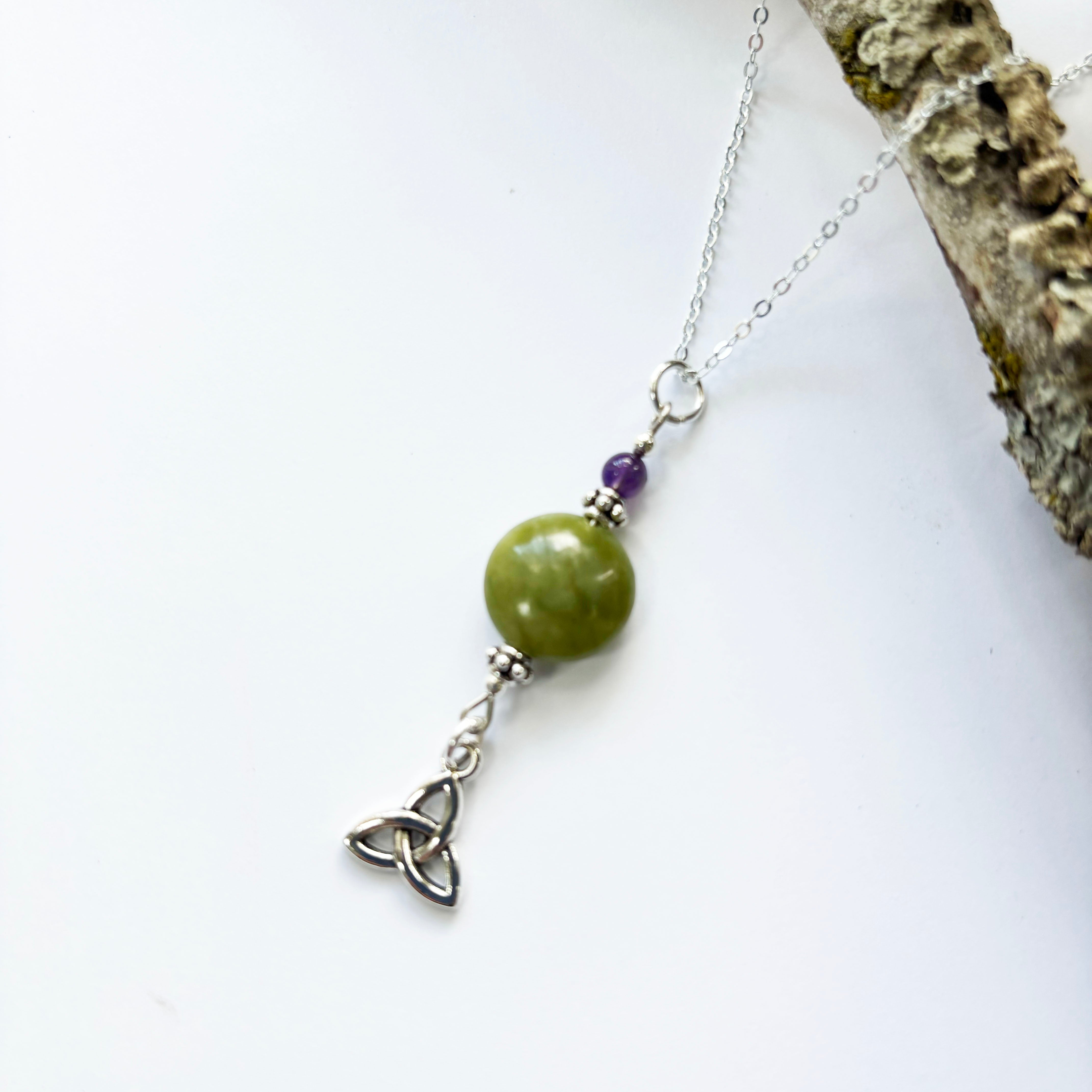 Round Connemara Marble and Amethyst Pendant with Trinity Knot