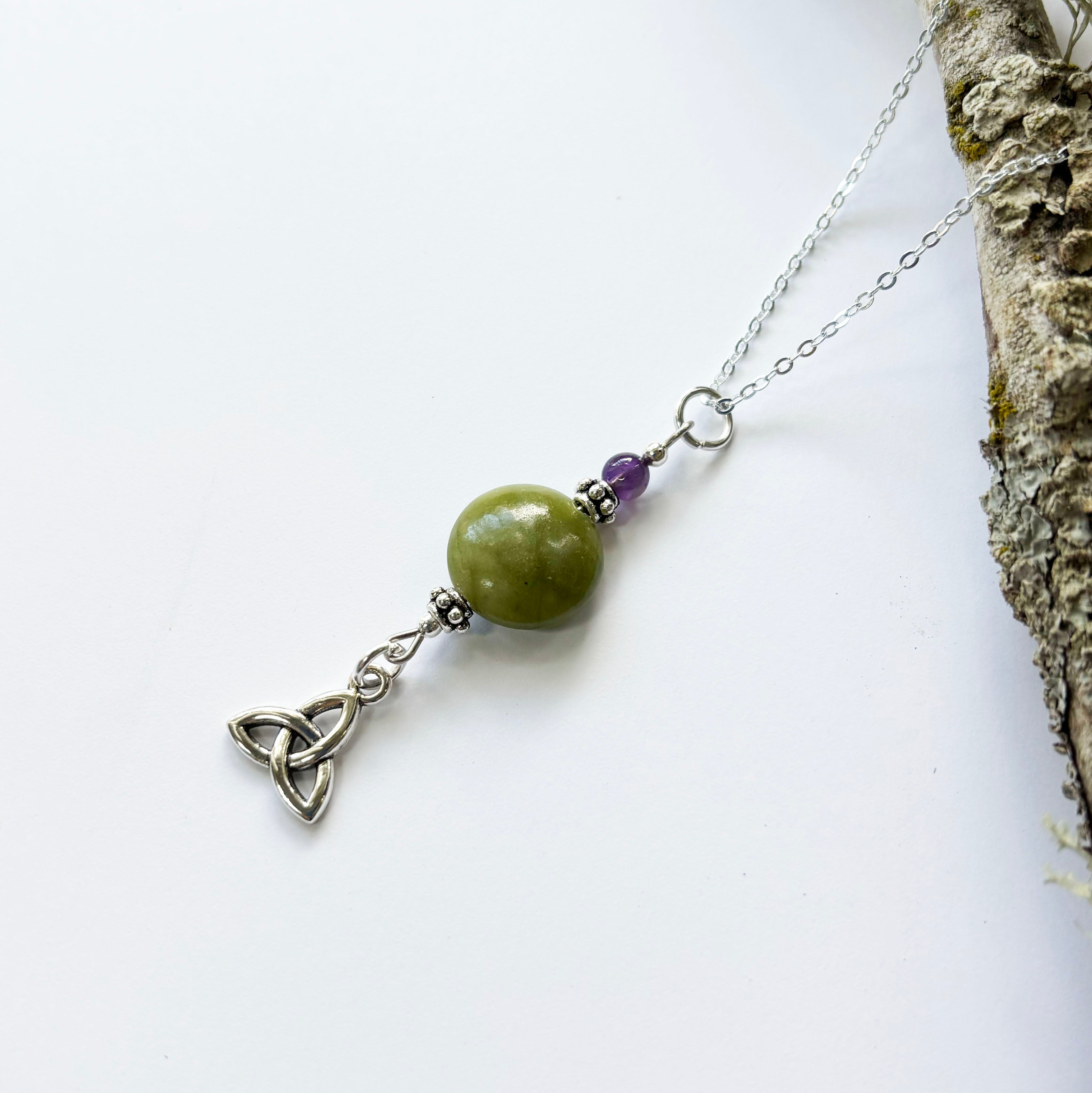 Round Connemara Marble and Amethyst Pendant with Trinity Knot