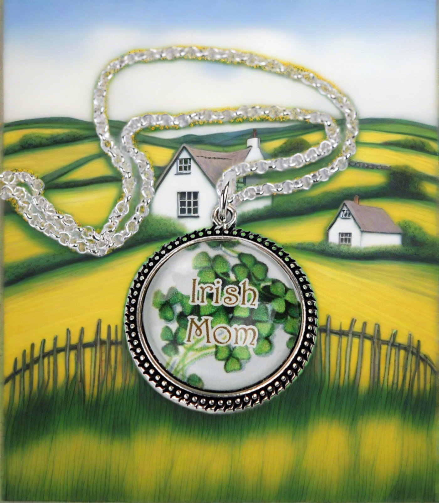 "Irish Mom" with Shamrocks in Beaded Bezel Pendant