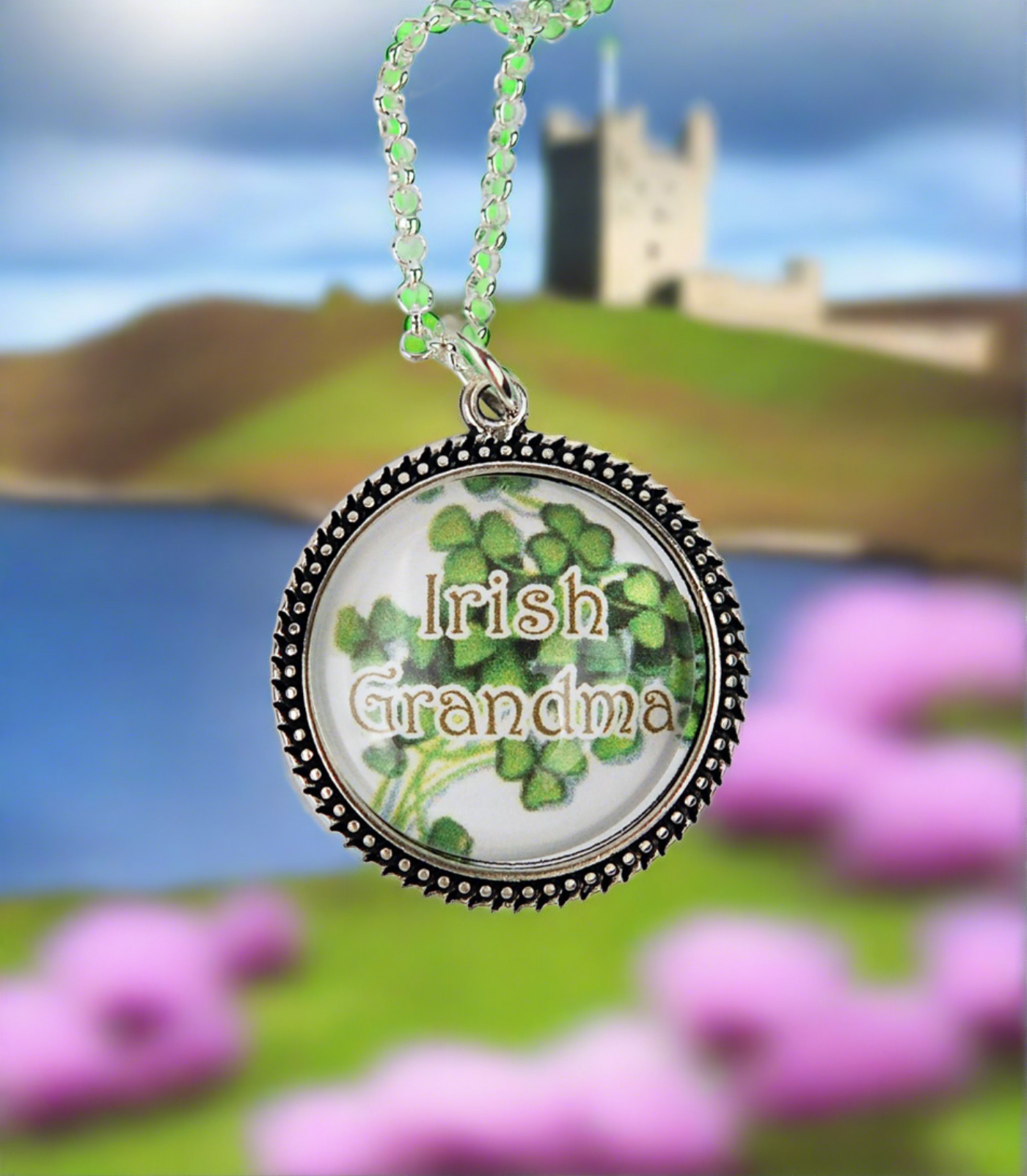 "Irish Grandma" with Shamrocks in Beaded Bezel Pendant