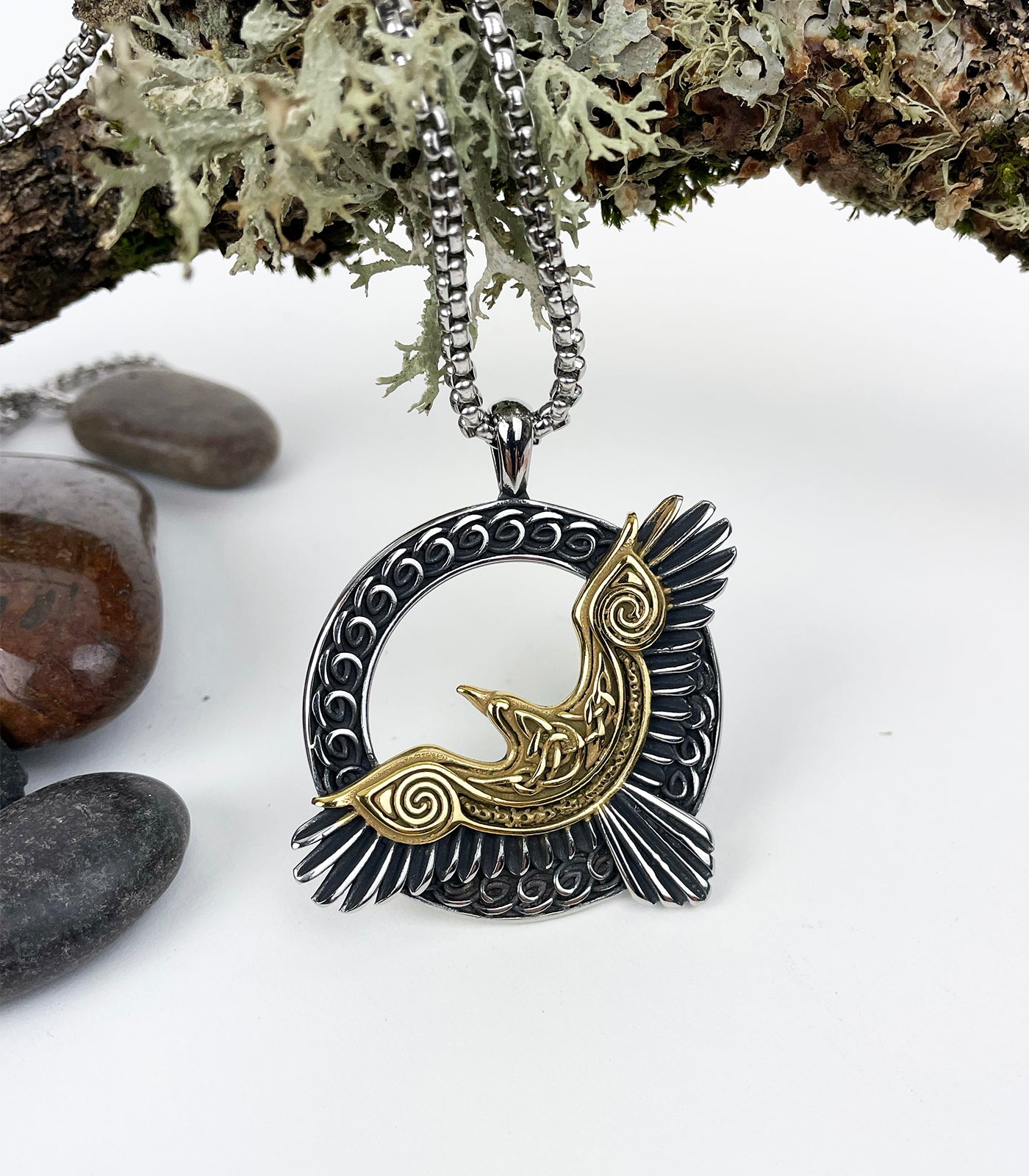 Mystical Golden Raven in Flight Stainless Steel Pendant