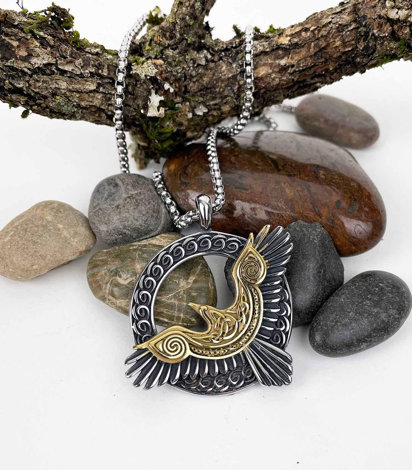 Mystical Golden Raven in Flight Stainless Steel Pendant