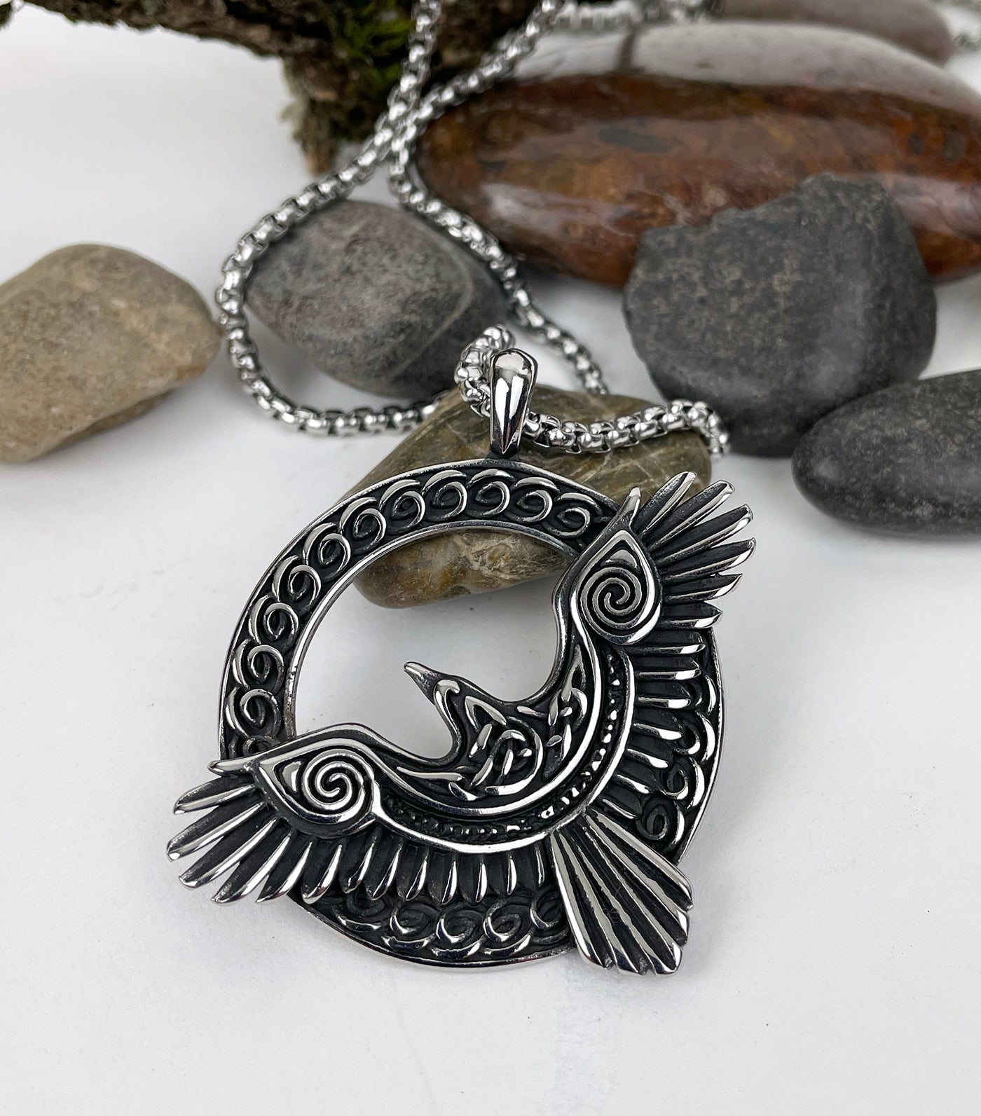 Mystical Raven in Flight Stainless Steel Pendant