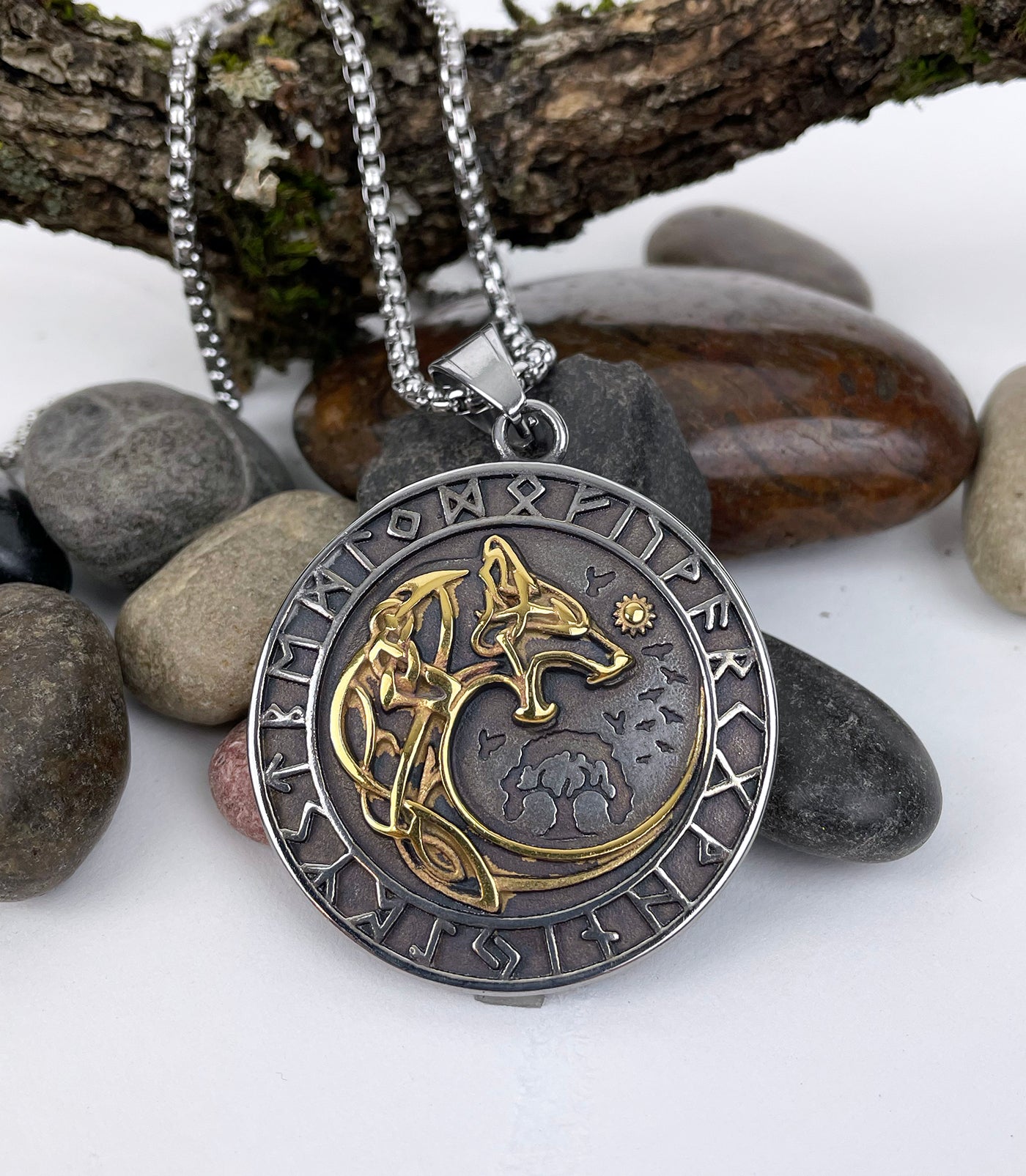 Wolfhound Wolf Encircled with Runes Stainless Steel Pendant