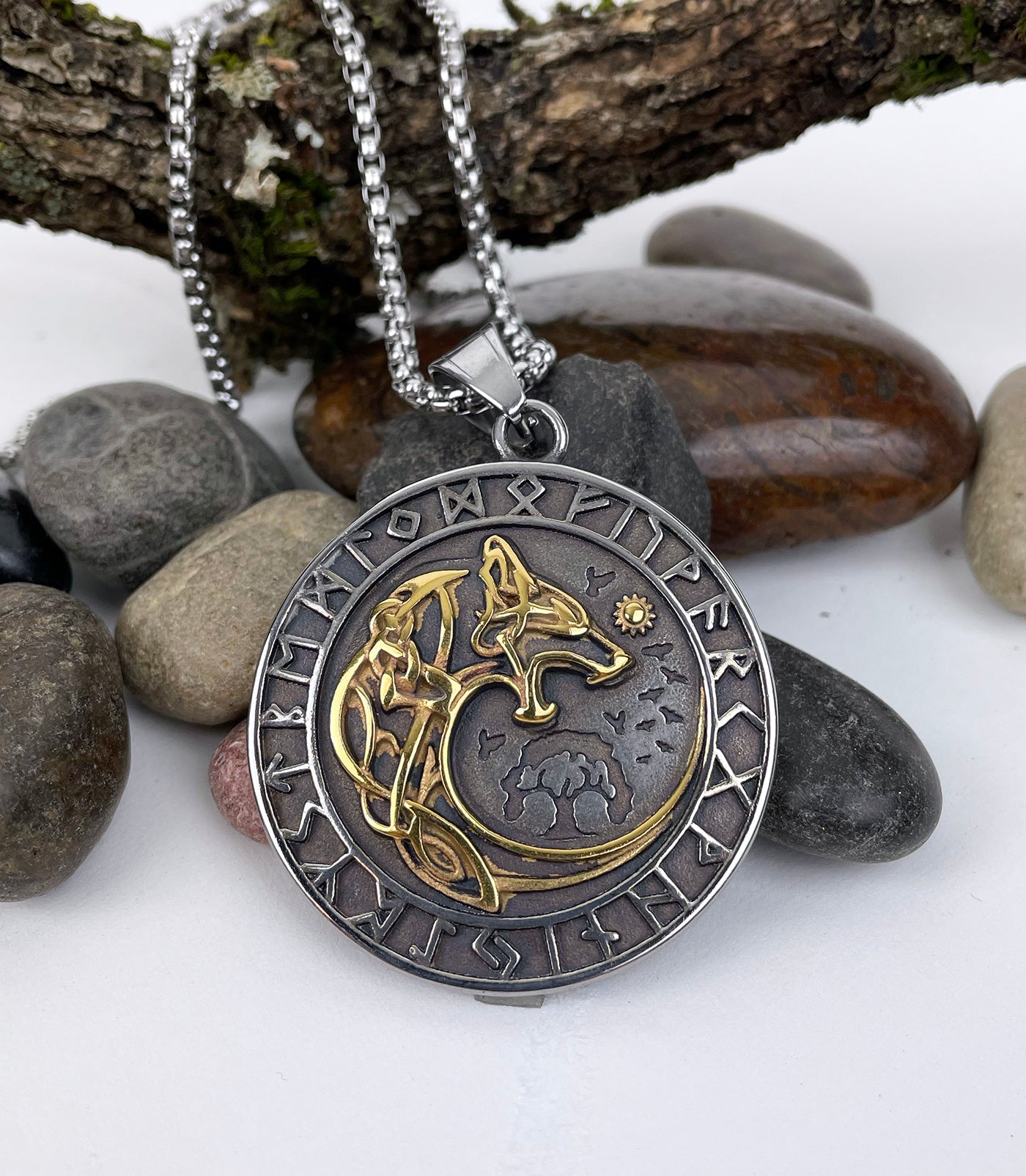 Wolfhound Wolf Encircled with Runes with Gold details Pendant