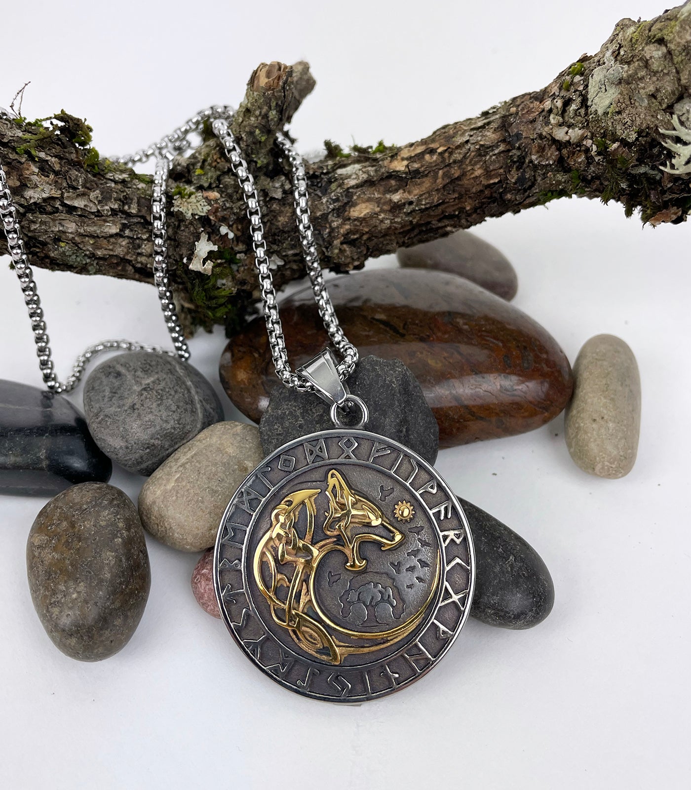 Wolfhound Wolf Encircled with Runes with Gold details Pendant