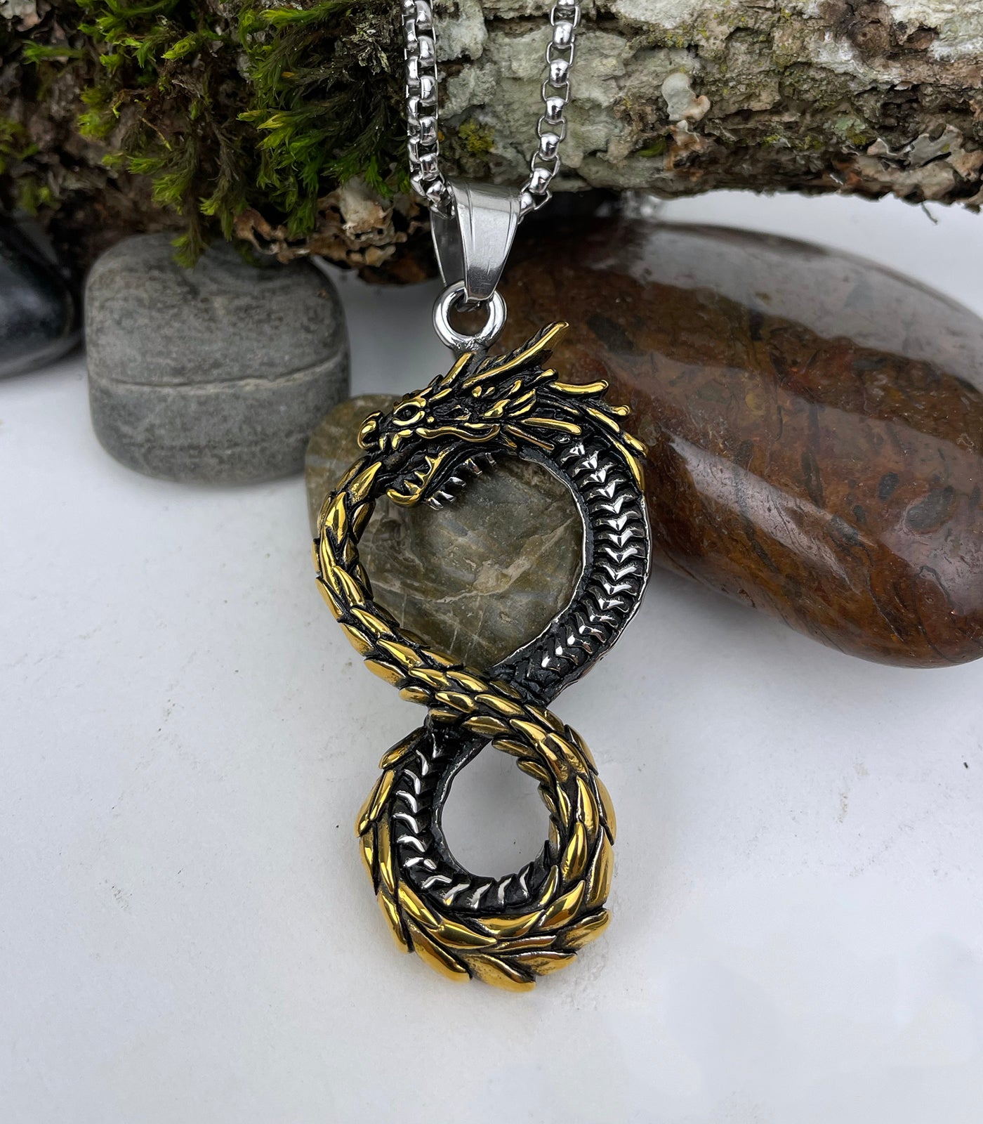 Celtic Eternity Dragon with Gold Details Stainless Steel Pendant