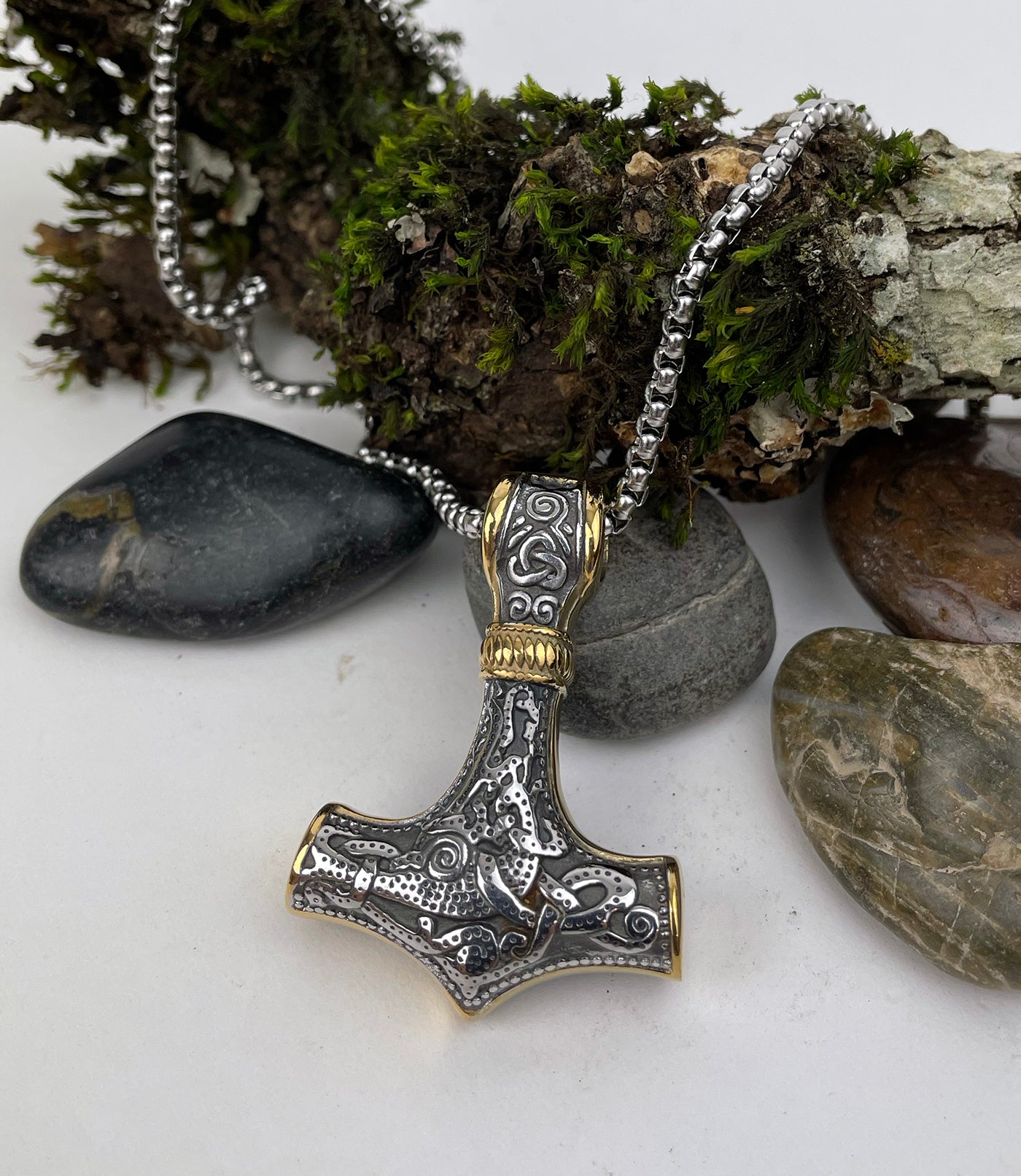 Thor's Hammer with Gold Trim Accents Stainless Steel Pendant