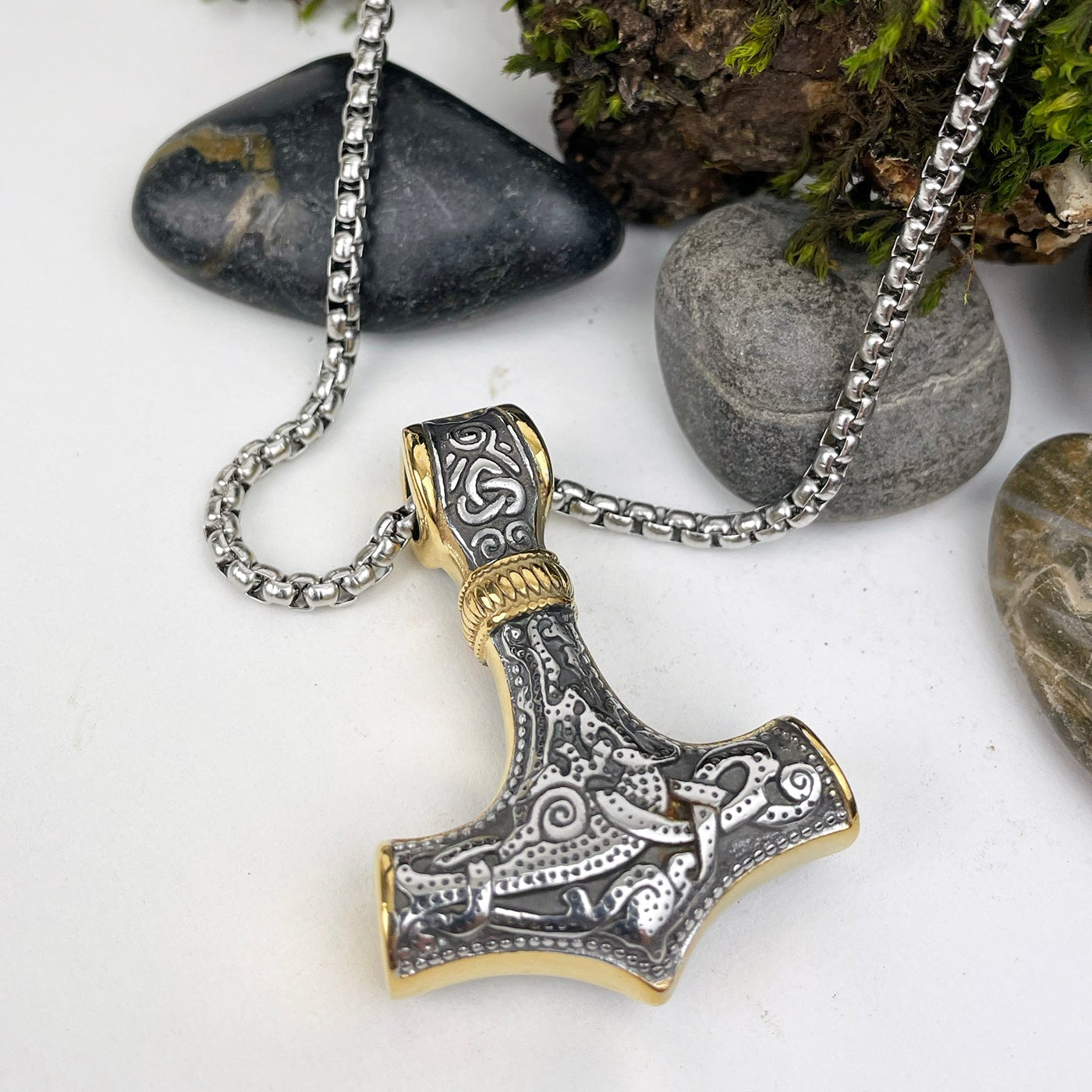 Thor's Hammer with Gold Trim Accents Stainless Steel Pendant