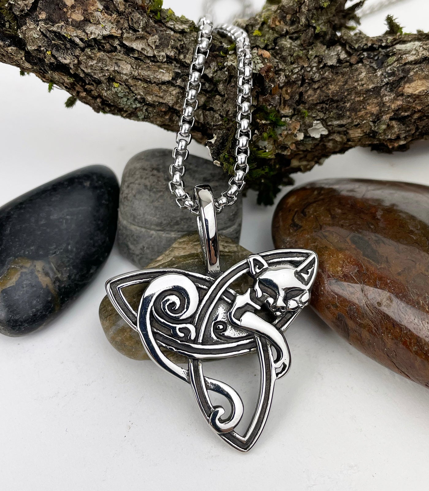 Celtic Cat with Trinity Knot Stainless Steel Pendant