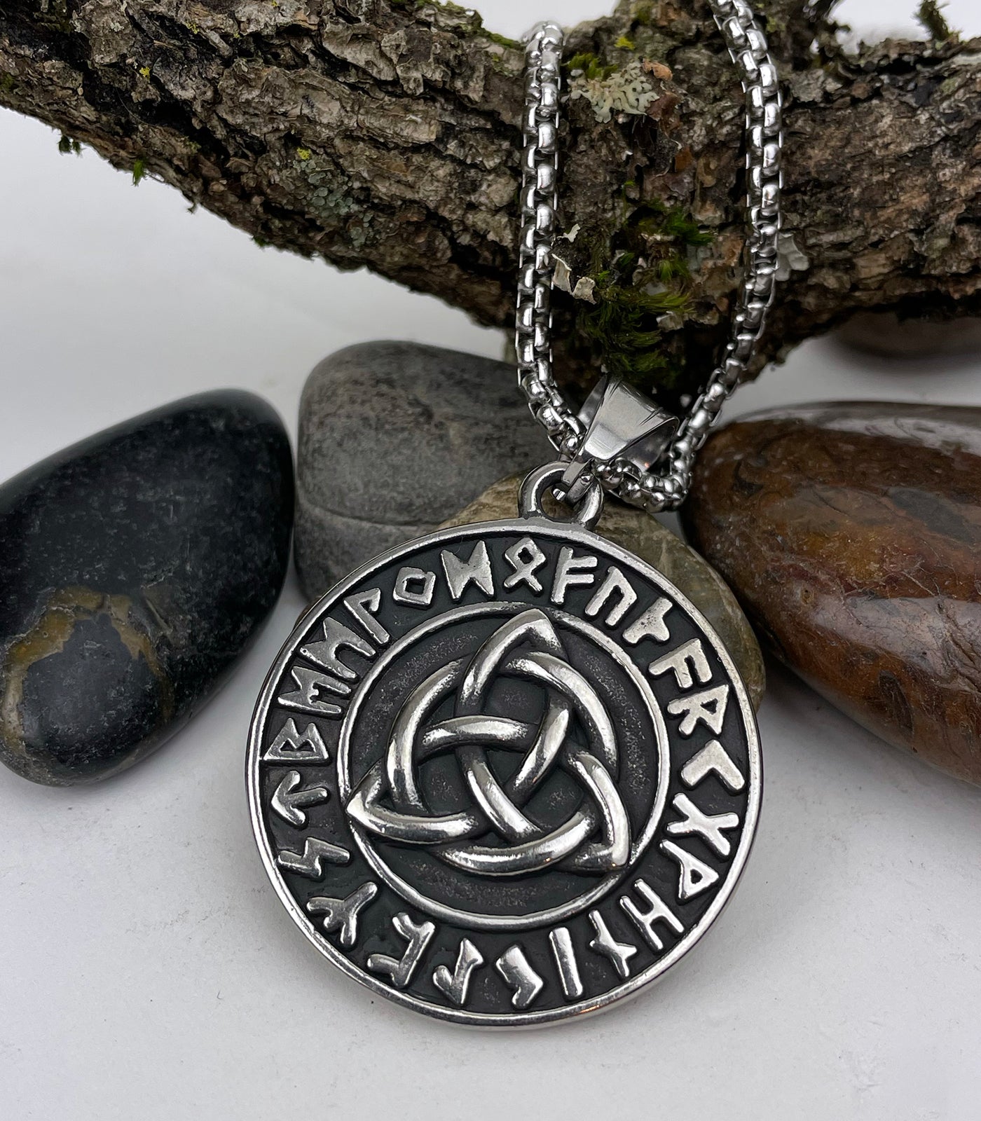 Triquetra Knot Circled by Rune Symbol Stainless Steel Pendant