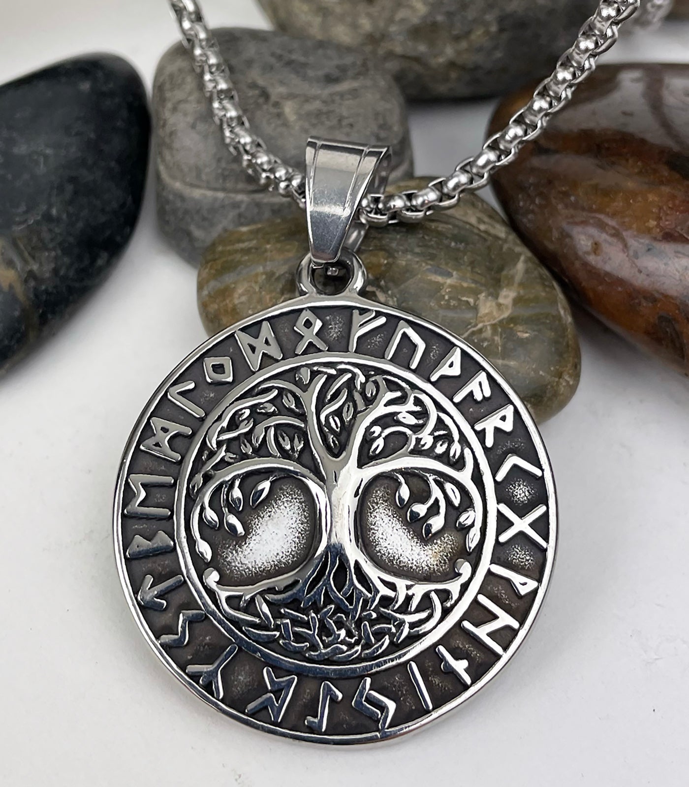 Tree of Life in Circle of Rune Symbols Stainless Steel Pendant