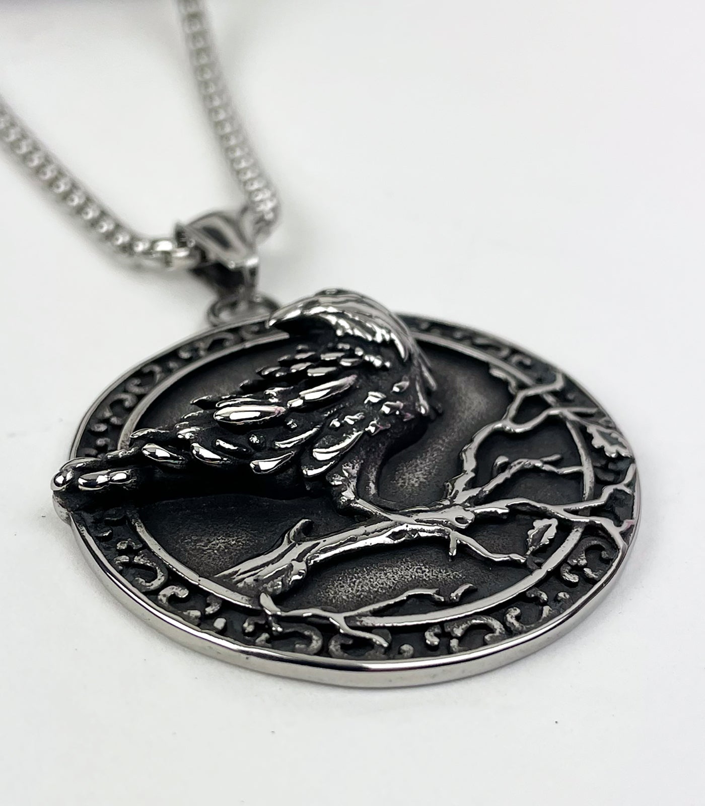 Celtic Raven on Perch with Aegishjalmur Stainless Steel Pendant