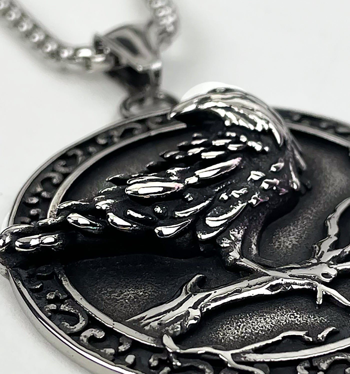 Celtic Raven on Perch with Aegishjalmur Stainless Steel Pendant