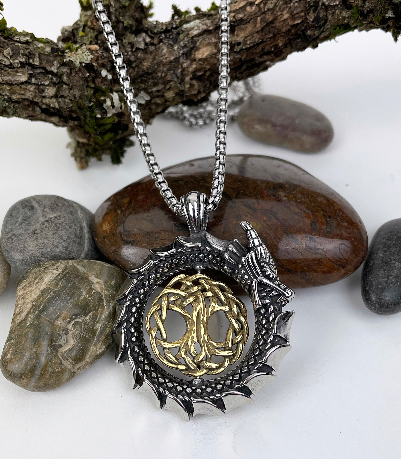 Celtic Dragon Encircling the Tree of Life Stainless Steel Pendant