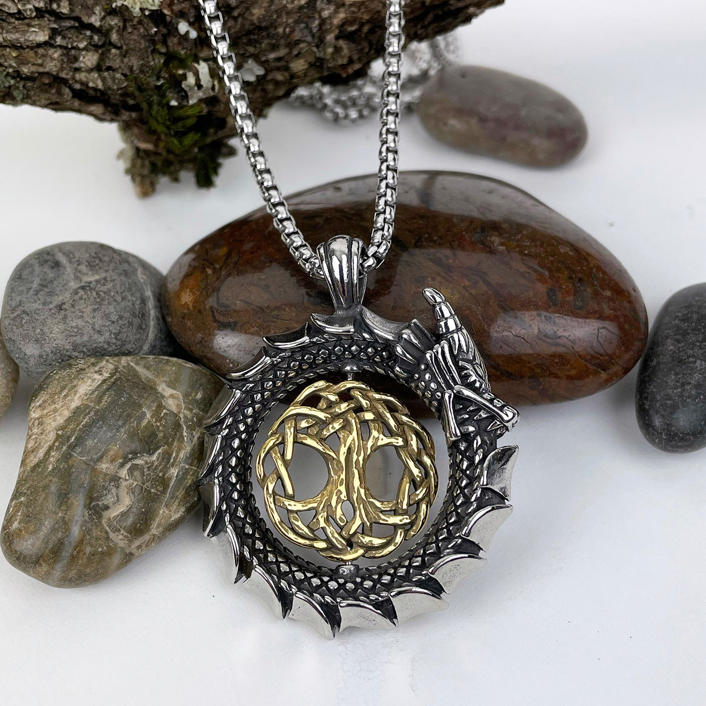 Celtic Dragon Encircling the Tree of Life Stainless Steel Pendant