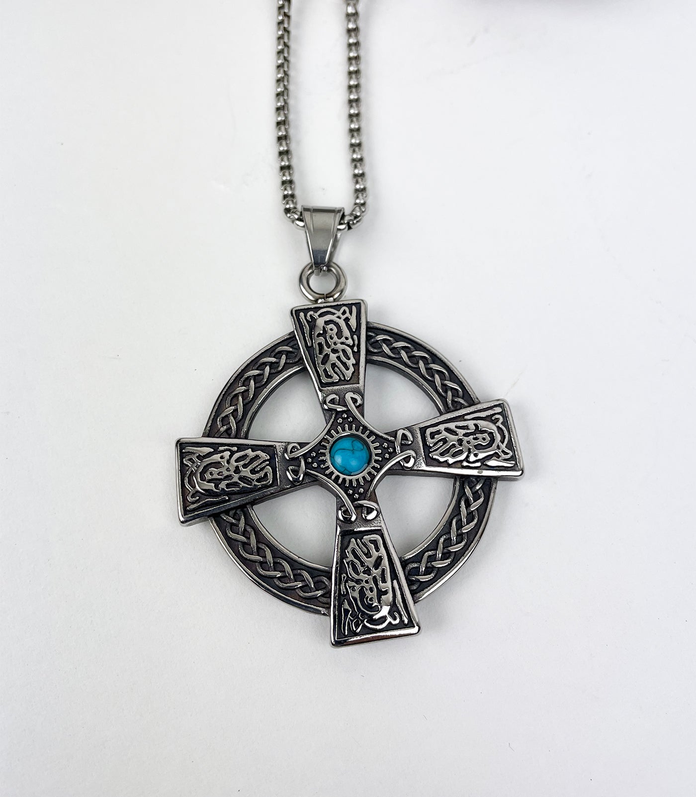 Celtic Cross with Turquoise Center Stainless Steel Pendants