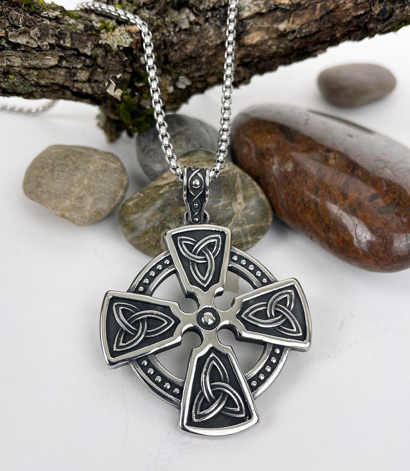 Square Celtic Cross with Trinity Knots Stainless Steel Pendant