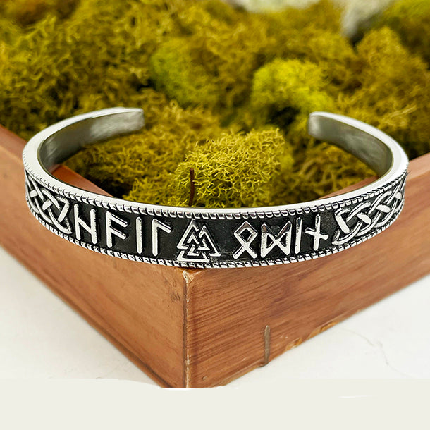 Men's Cuff Bracelet with Viking Valknut and Rune Symbols