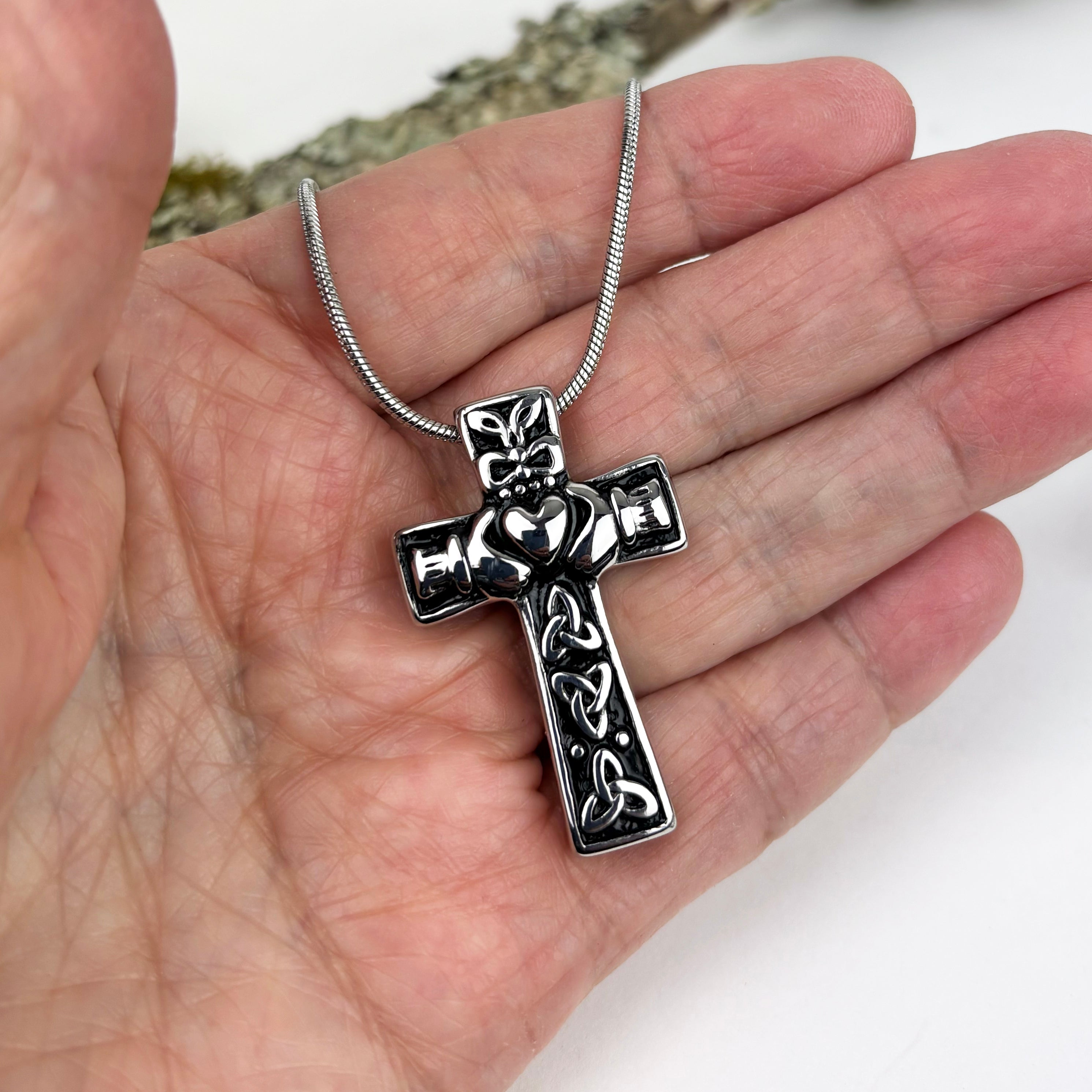 Celtic Cross with Trinity Knots and a Claddagh Center Memorial Pendant