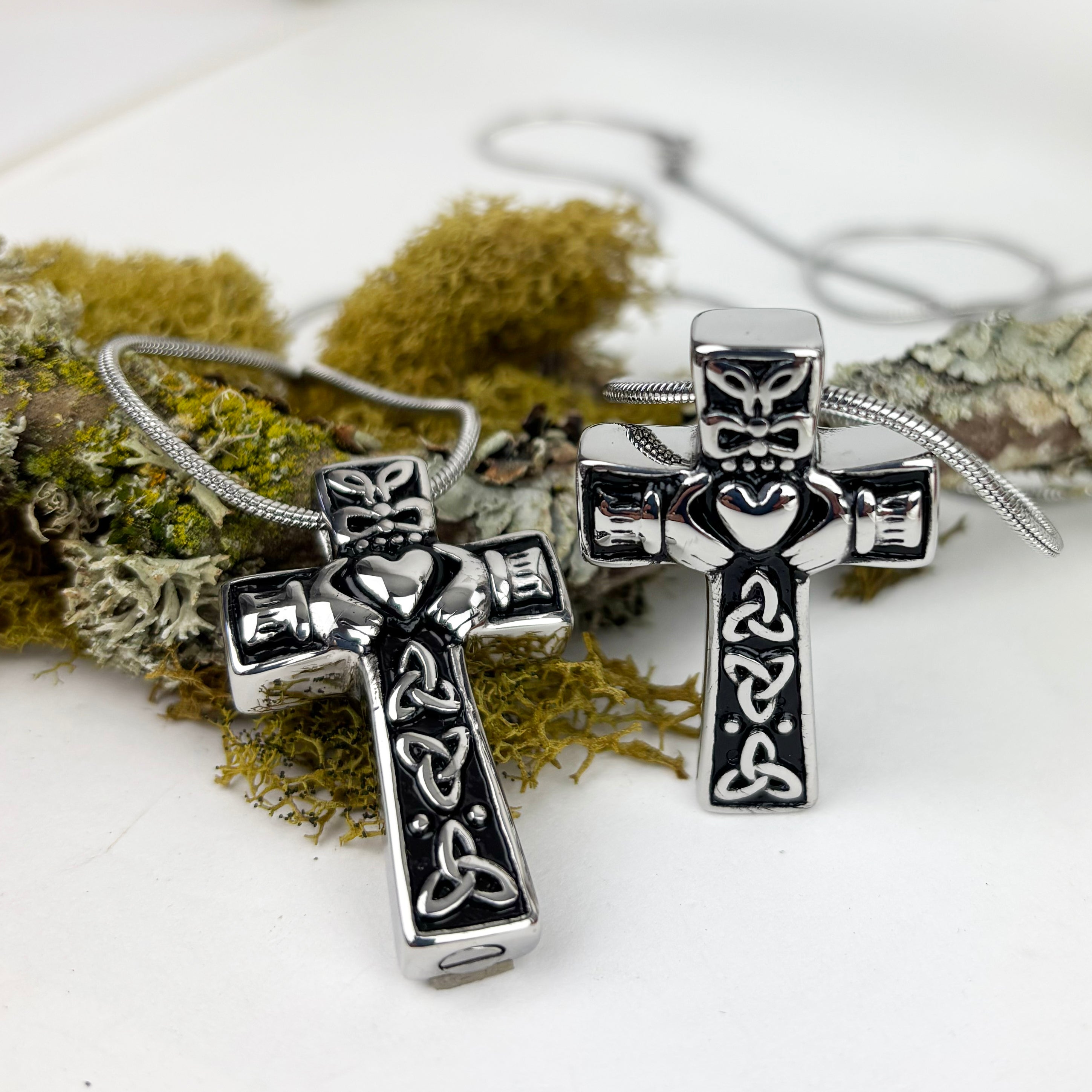 Celtic Cross with Trinity Knots and a Claddagh Center Memorial Pendant