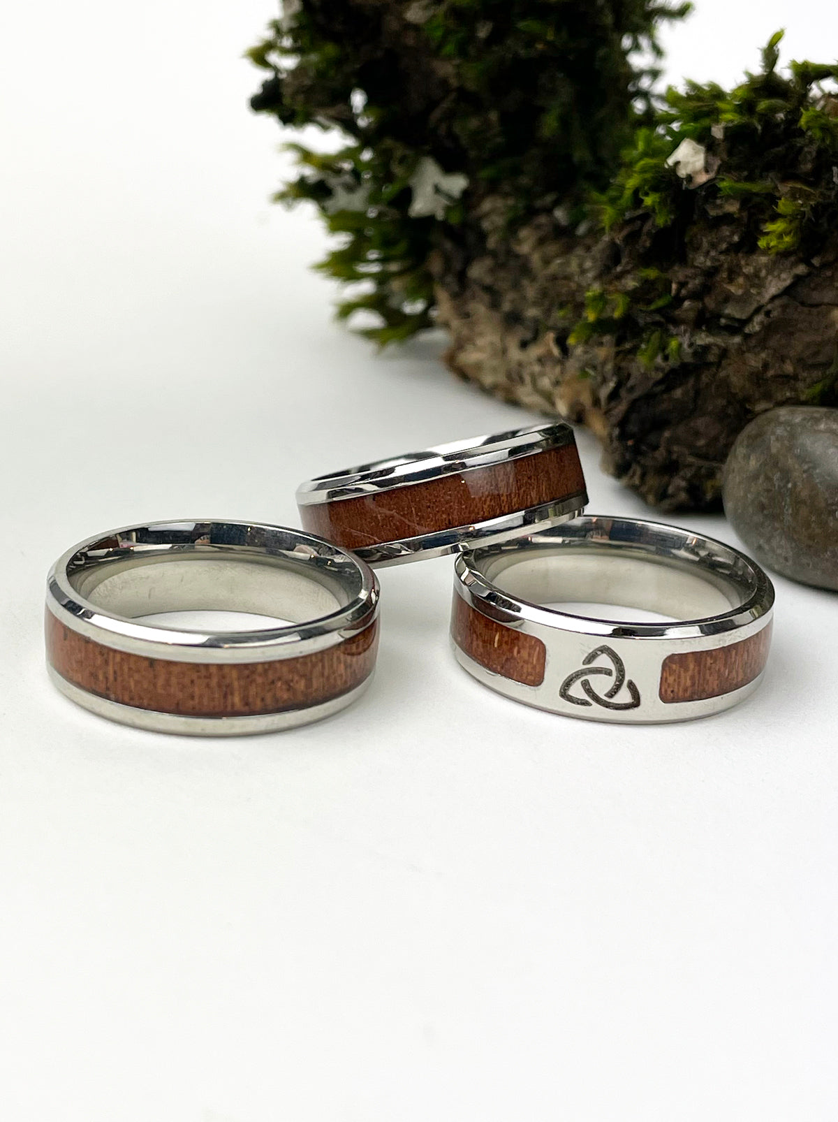 Wood Inlaid Stainless Steel with Trinity Knot Ring