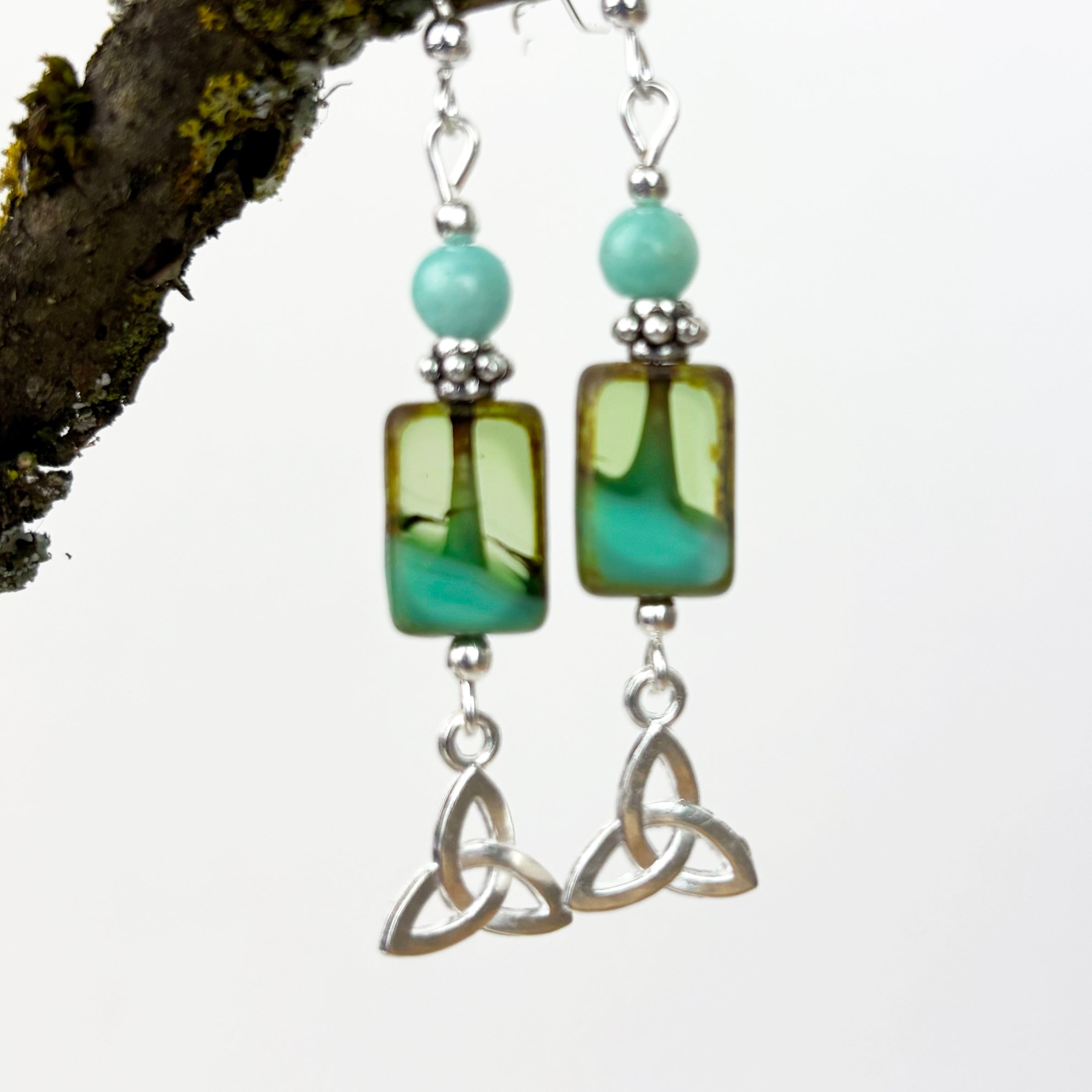 Amazonite with rectangle artisan Glass and Celtic Triknots