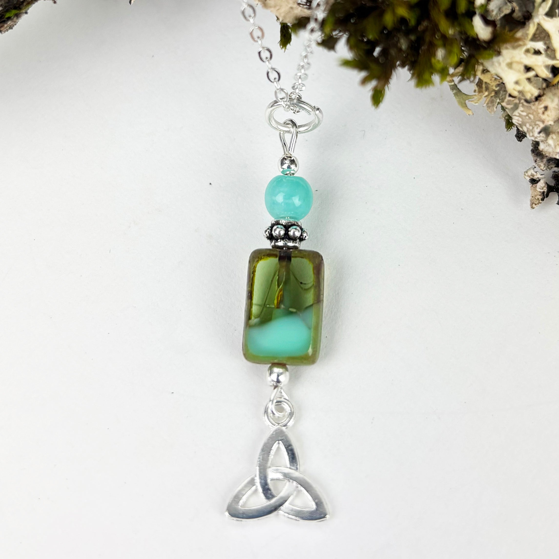 Amazonite with rectangle artisan Glass and Celtic Triknots