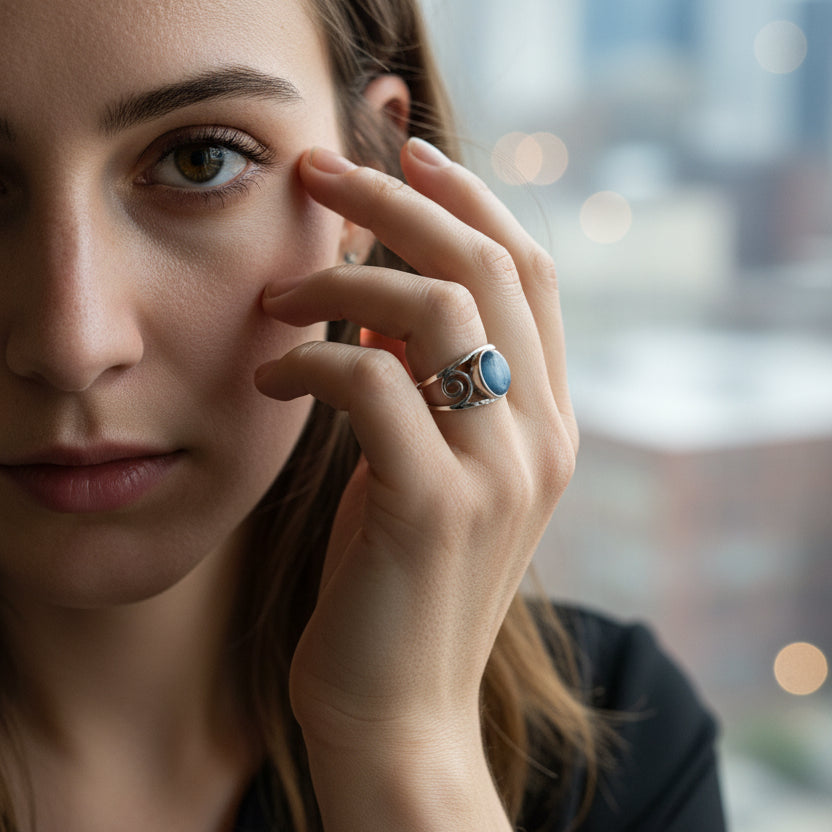Kyanite Gemstone with Sterling Silver Swirl Goddess Ring