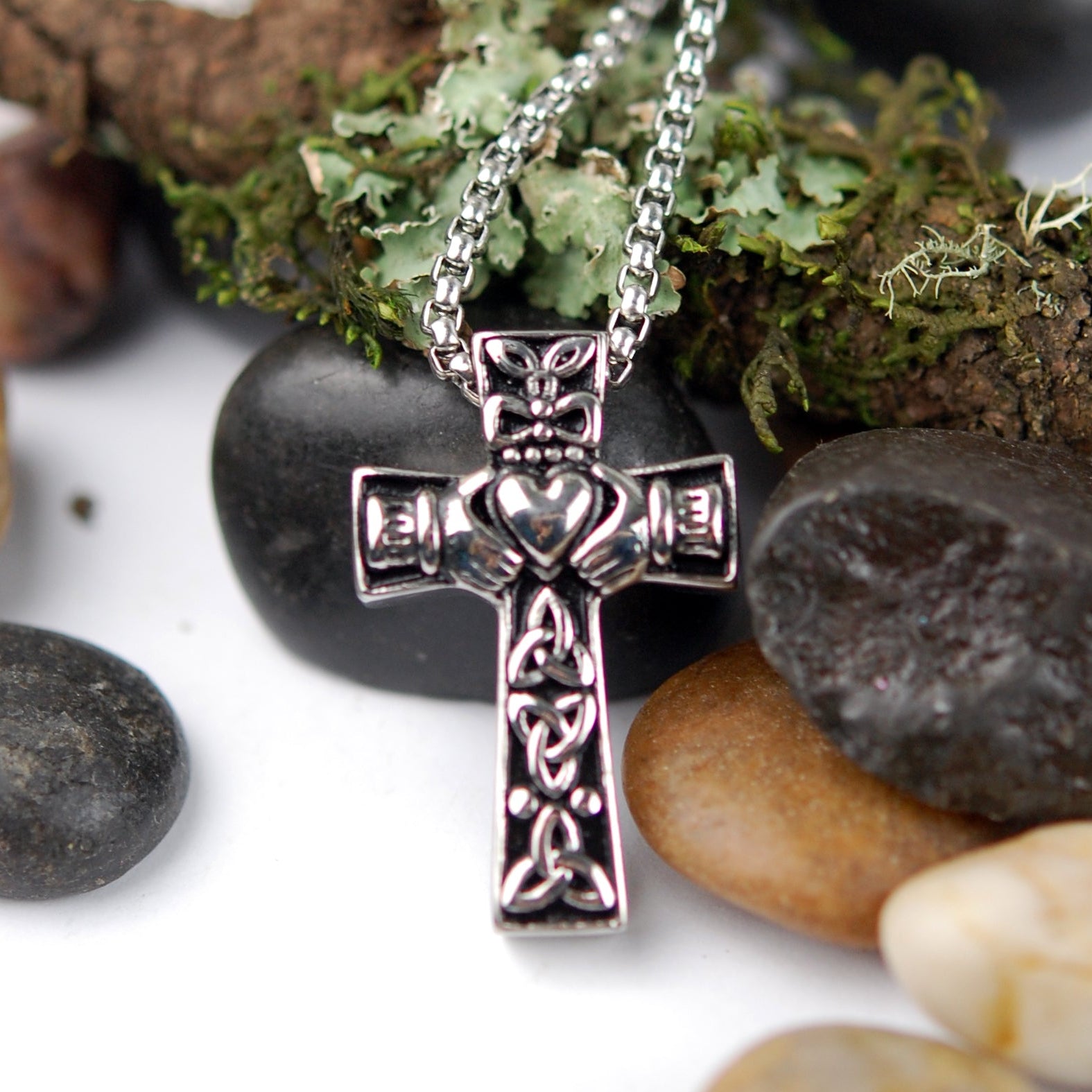 Celtic Cross with Trinity Knots and a Claddagh Center Memorial Pendant