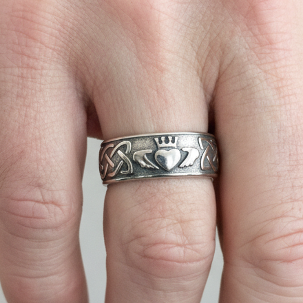 Wide Claddagh and Celtic Knot Ring Band
