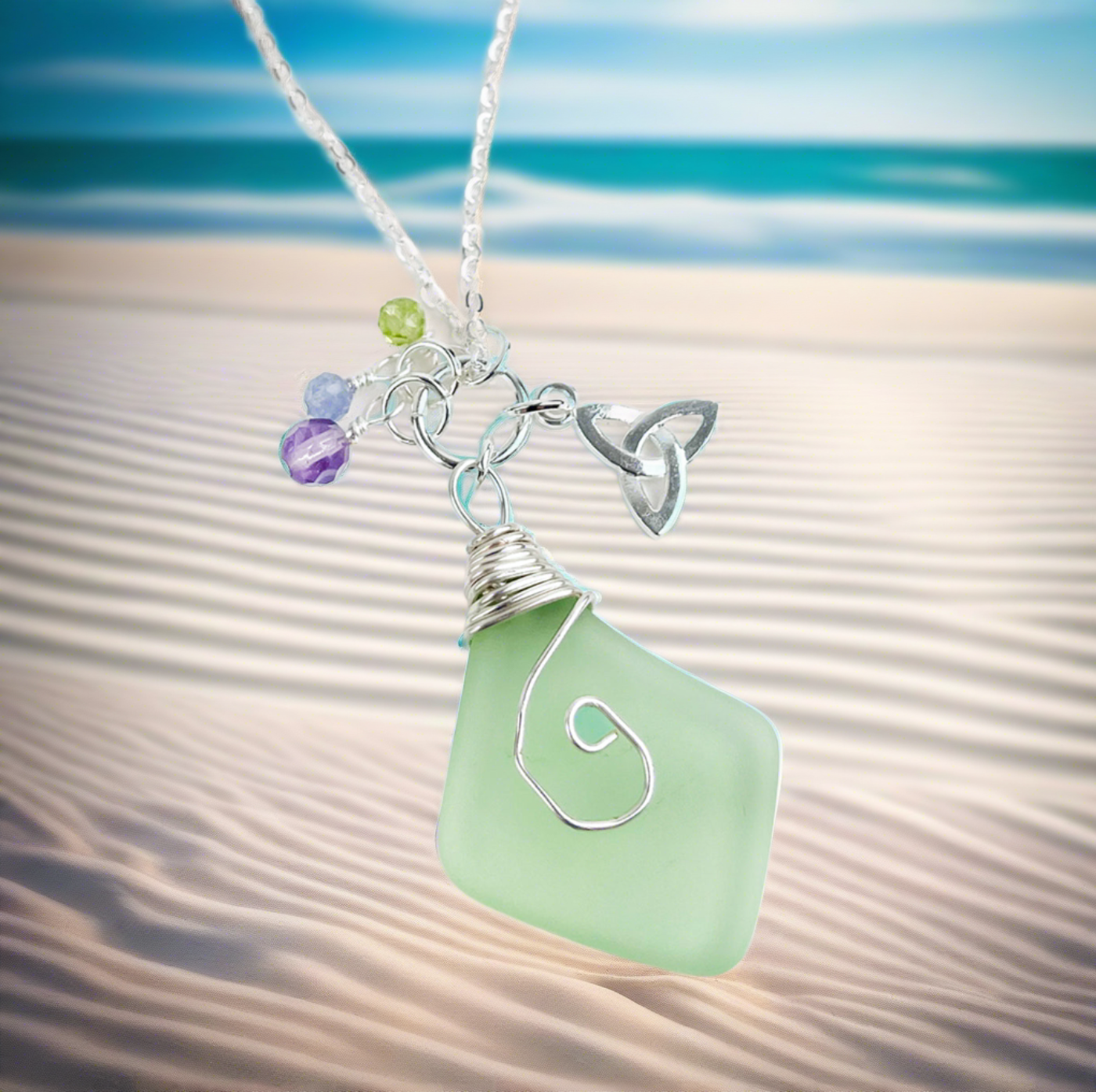 Sea Glass with Celtic Spiral and Real Faceted Gemstones Pendant