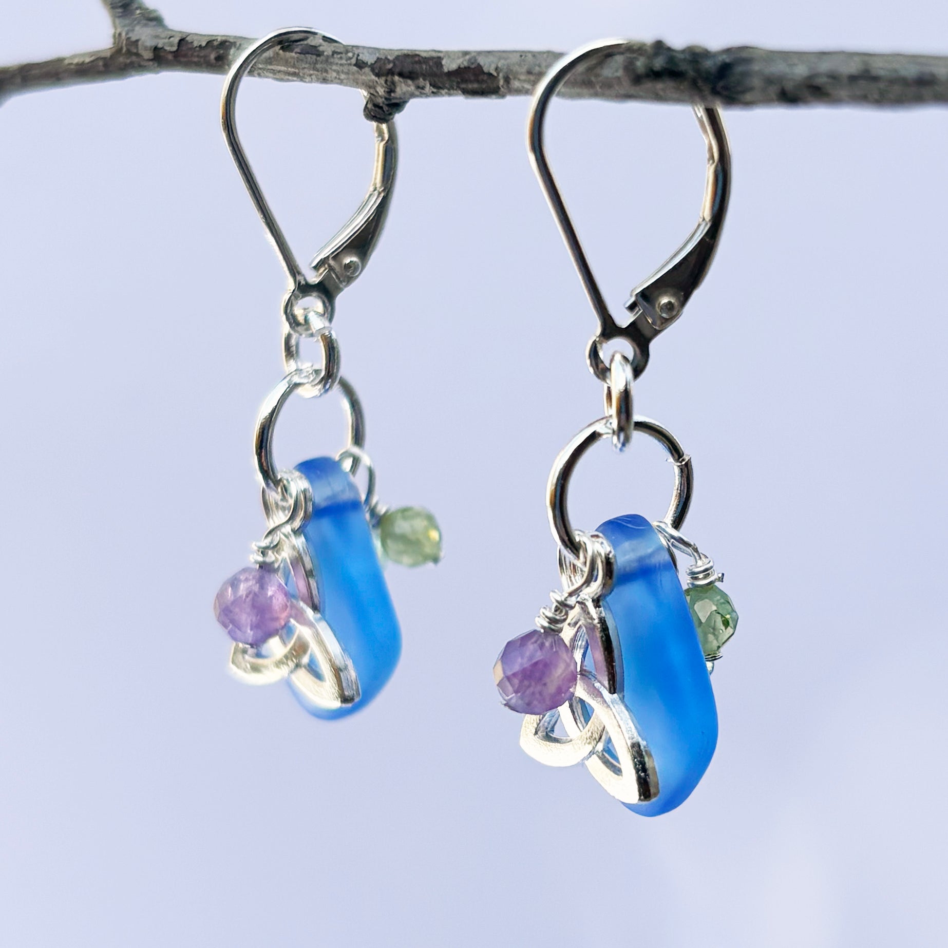 Sea Glass with Faceted Gemstones and Trinity Knot Earrings