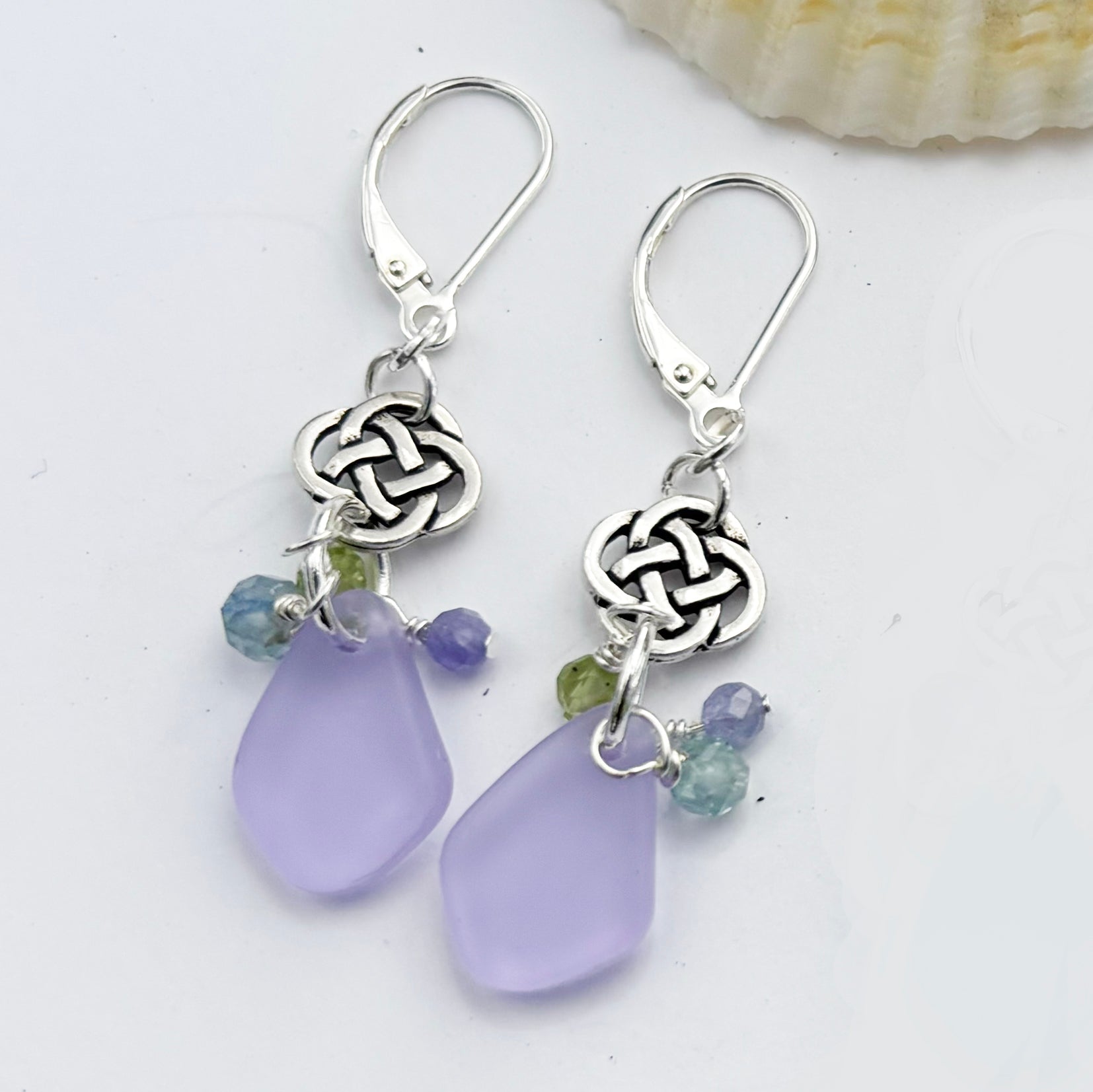 Small Round Celtic Knot with Pebble Sea Glass Earrings with Gemstones