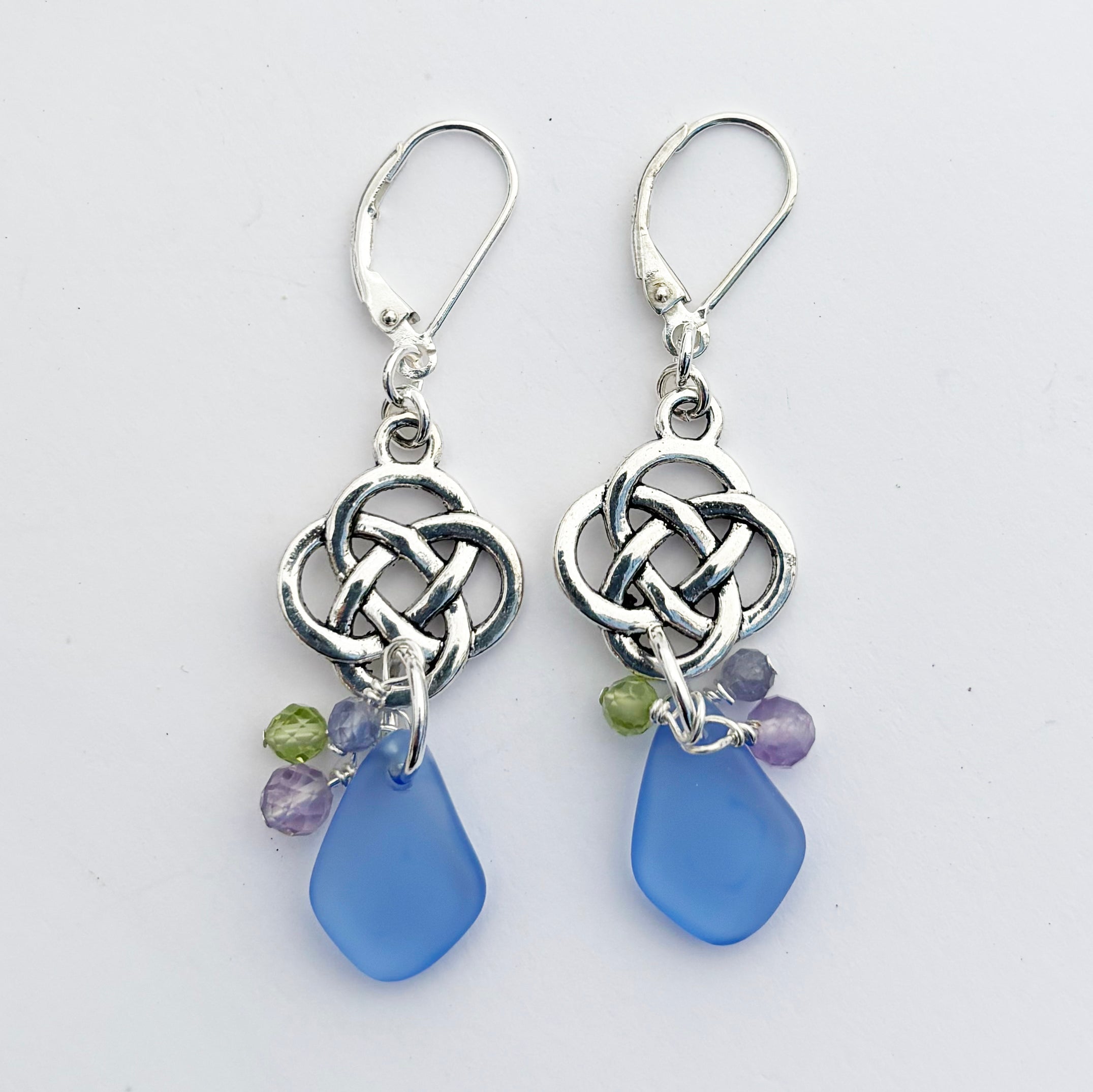 Medium Round Celtic Knot with Pebble Sea Glass Earrings