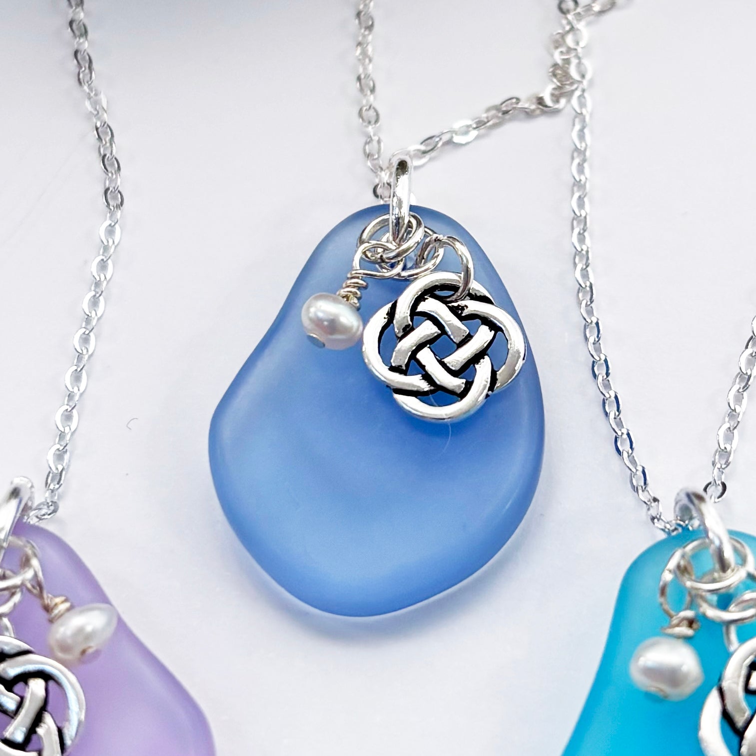 Sea Glass Pendant with Round Celtic Knot and Freshwater Pearl