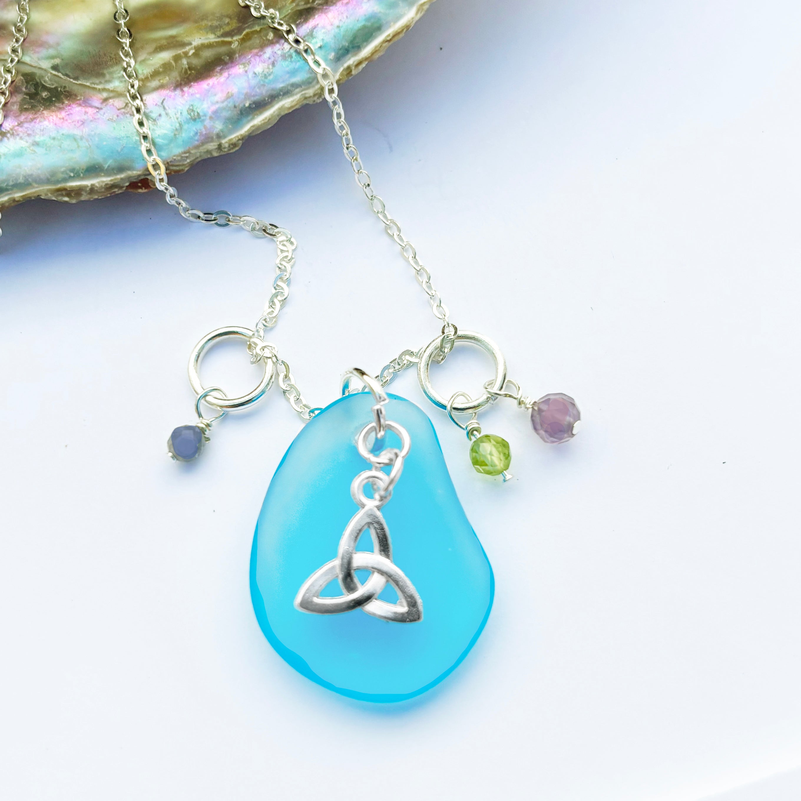 Small Trinity Knot with Sea Glass and Real Faceted Gemstones Pendant