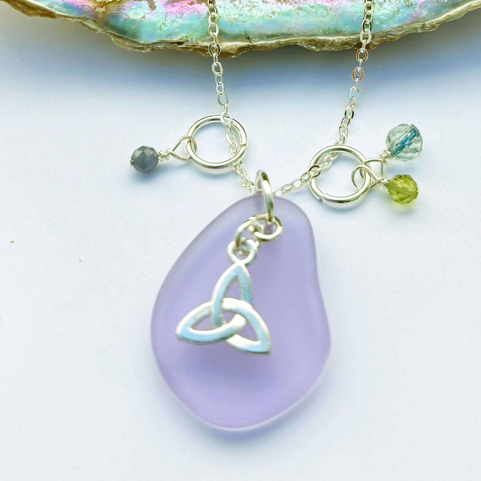Small Trinity Knot with Sea Glass and Real Faceted Gemstones Pendant