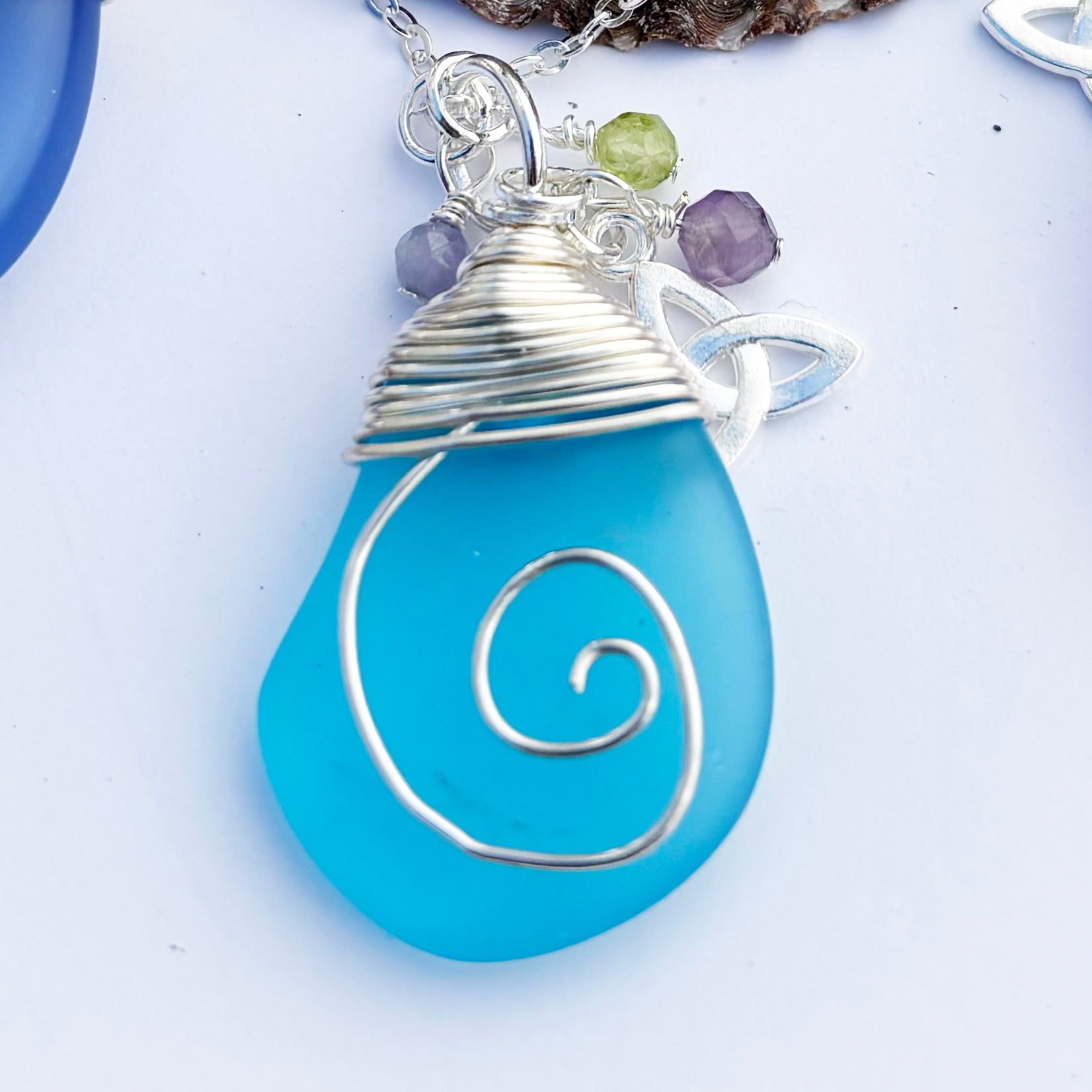 Sea Glass with Celtic Spiral and Real Faceted Gemstones Pendant