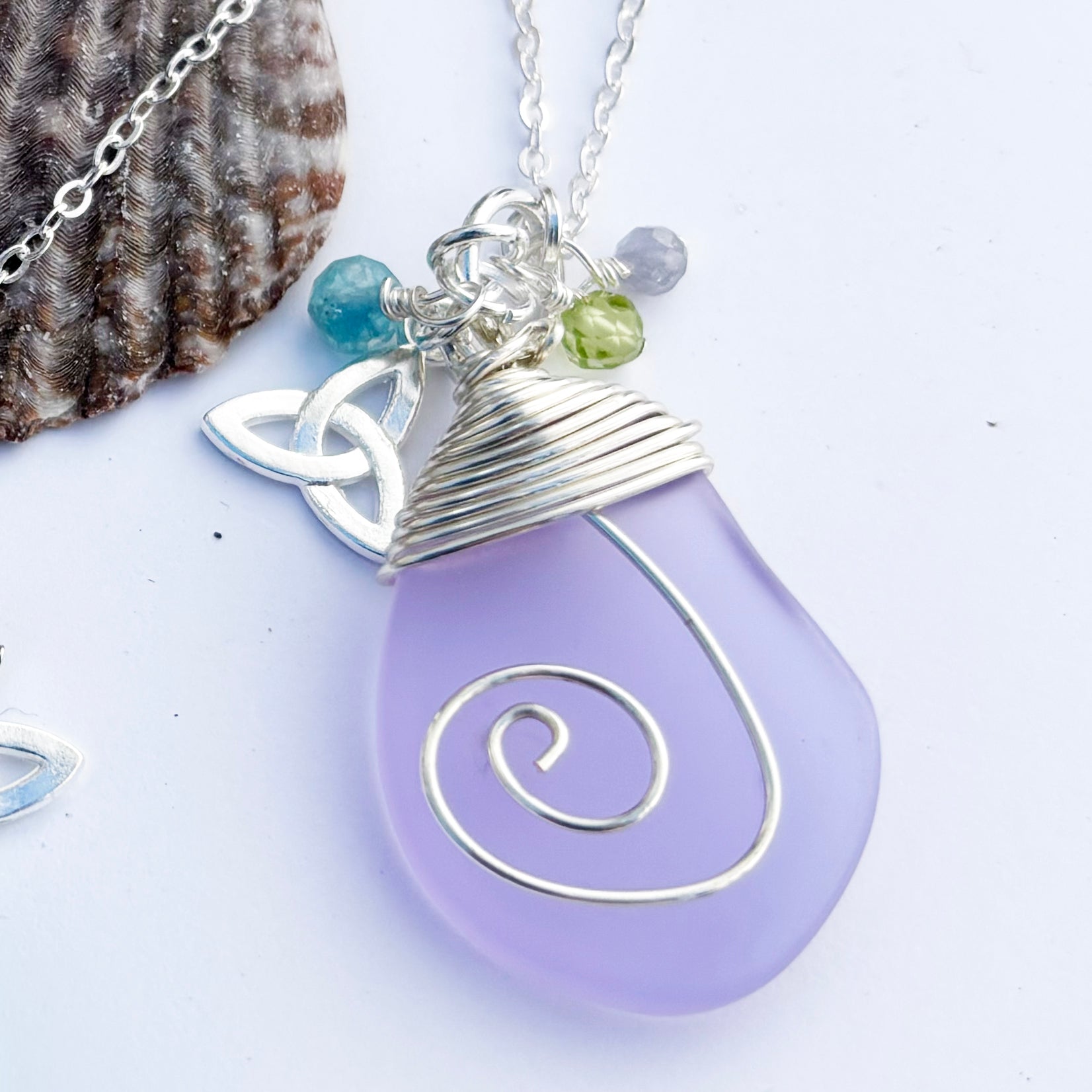 Sea Glass with Celtic Spiral and Real Faceted Gemstones Pendant