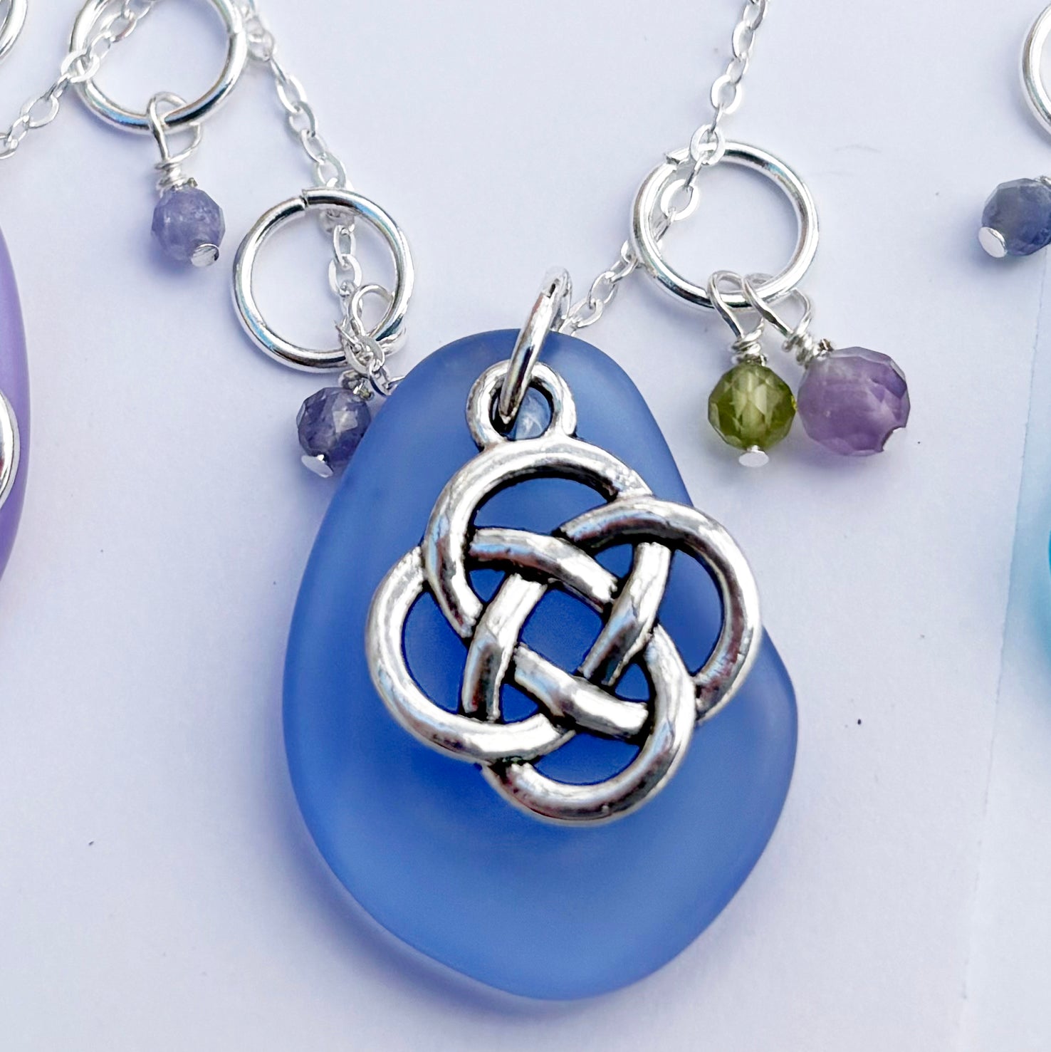 Round Celtic Knot with Sea Glass and Real Faceted Gemstones Pendant