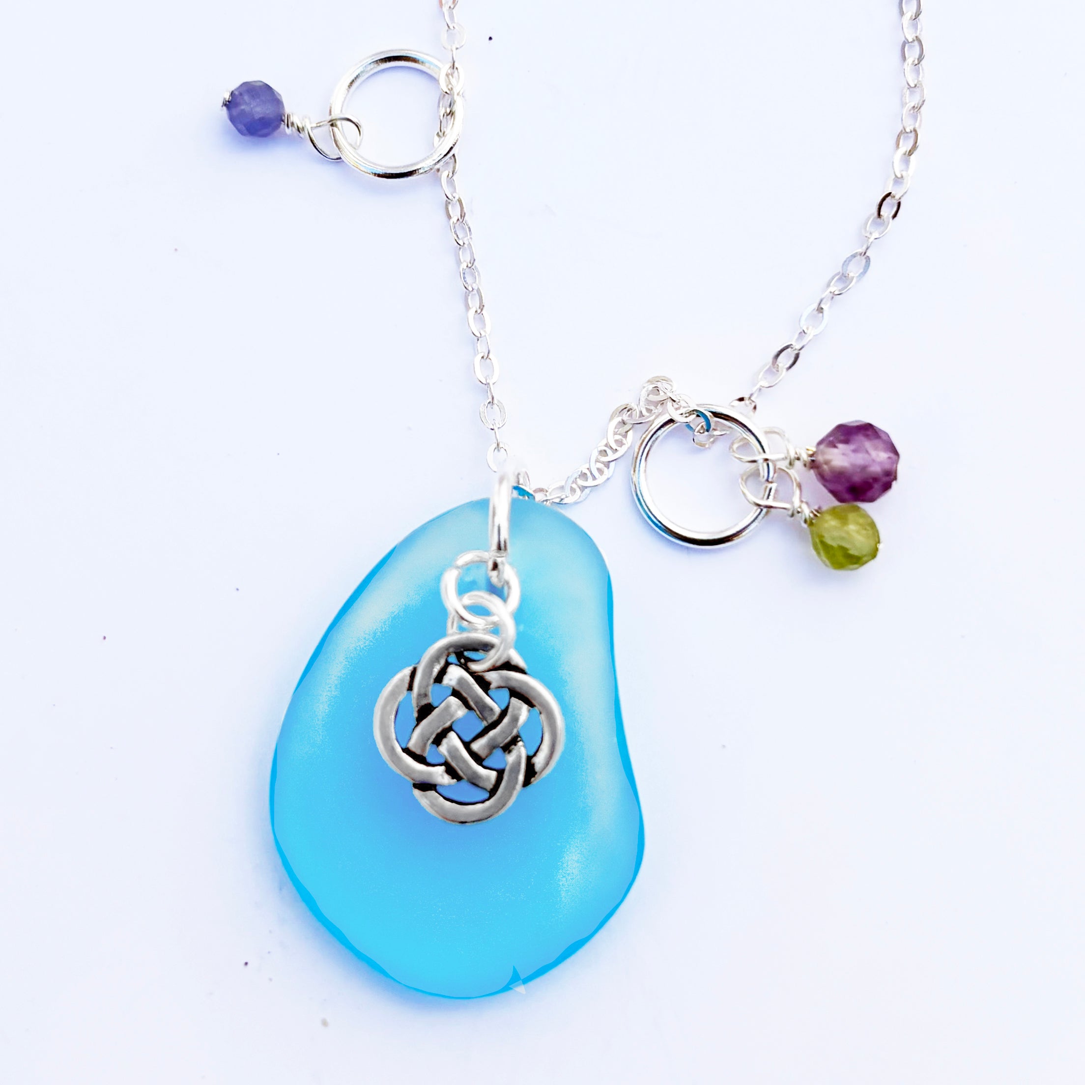 Small Round Celtic Knot with Sea Glass and Real Faceted Gemstones Pendant