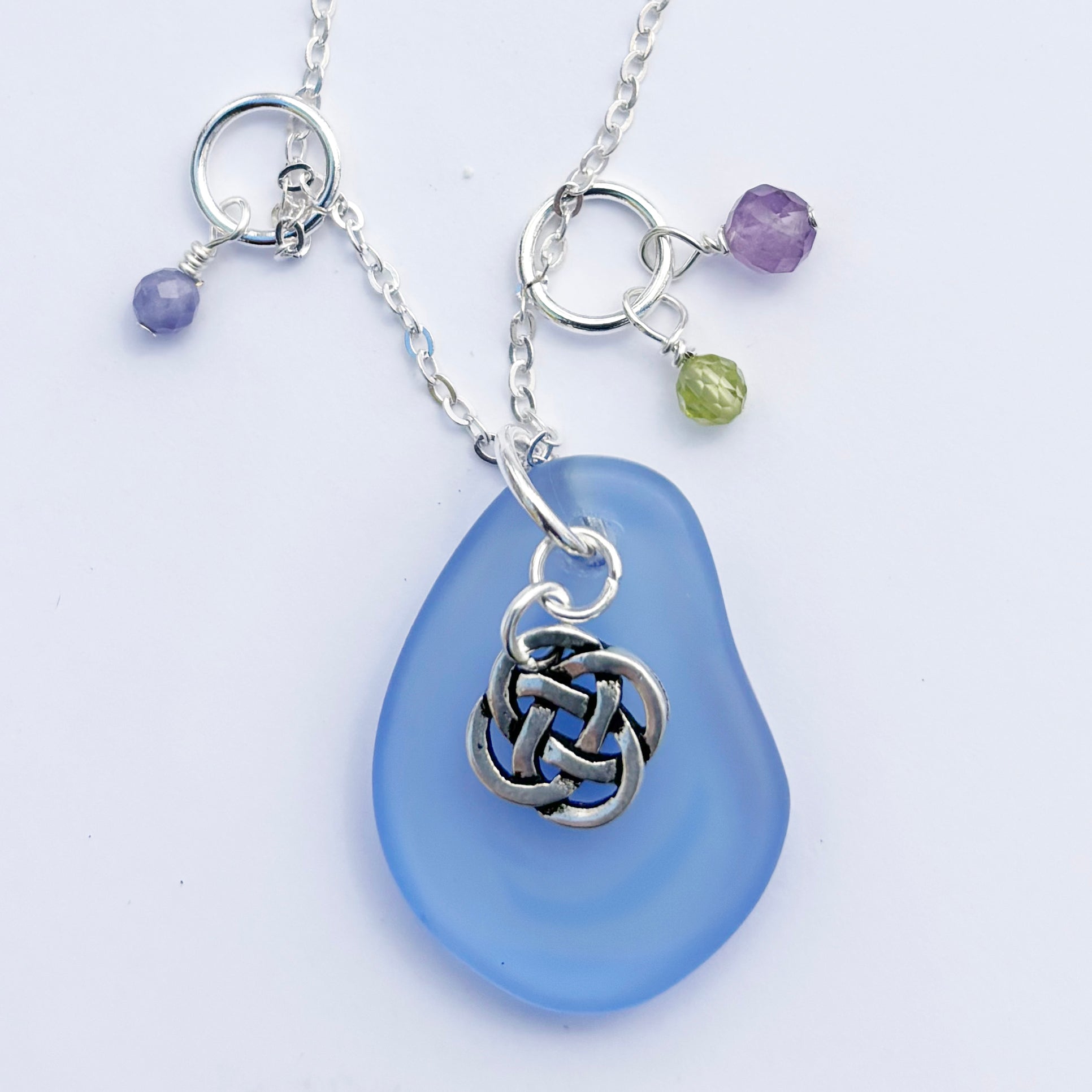 Small Round Celtic Knot with Sea Glass and Real Faceted Gemstones Pendant