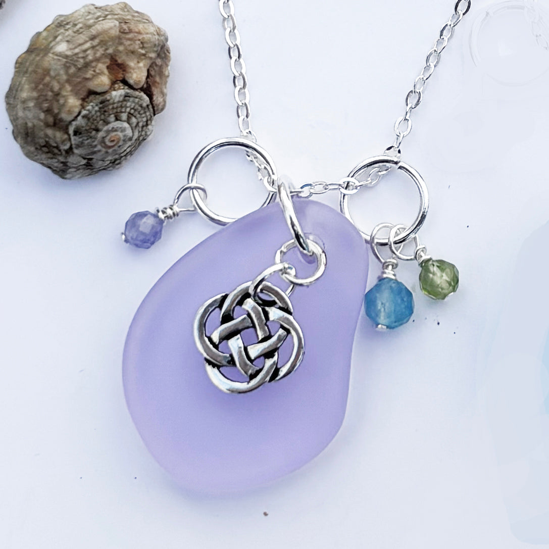 Small Round Celtic Knot with Sea Glass and Real Faceted Gemstones Pendant