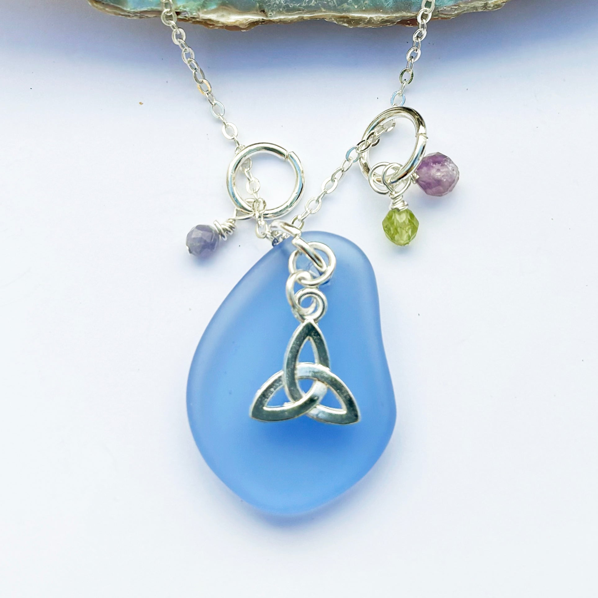 Small Trinity Knot with Sea Glass and Real Faceted Gemstones Pendant