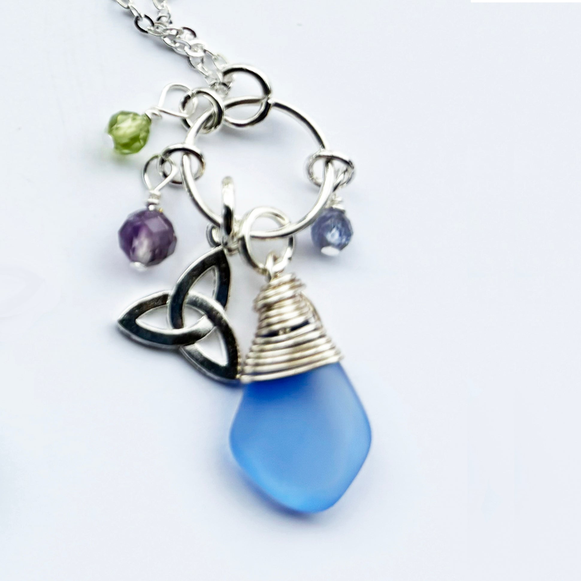 Pebble Sea Glass with Faceted Gemstones Pendant