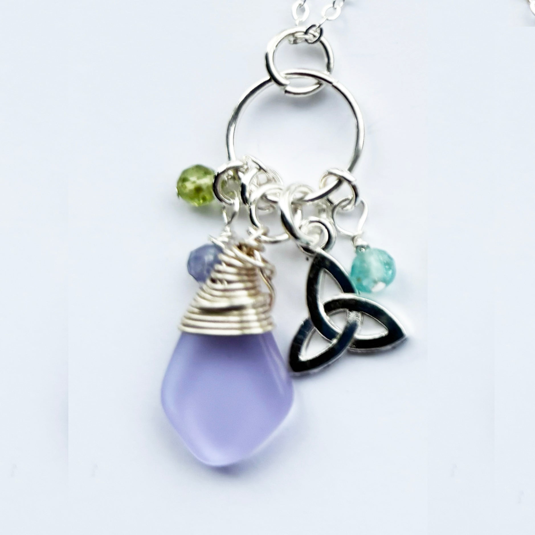 Pebble Sea Glass with Faceted Gemstones Pendant