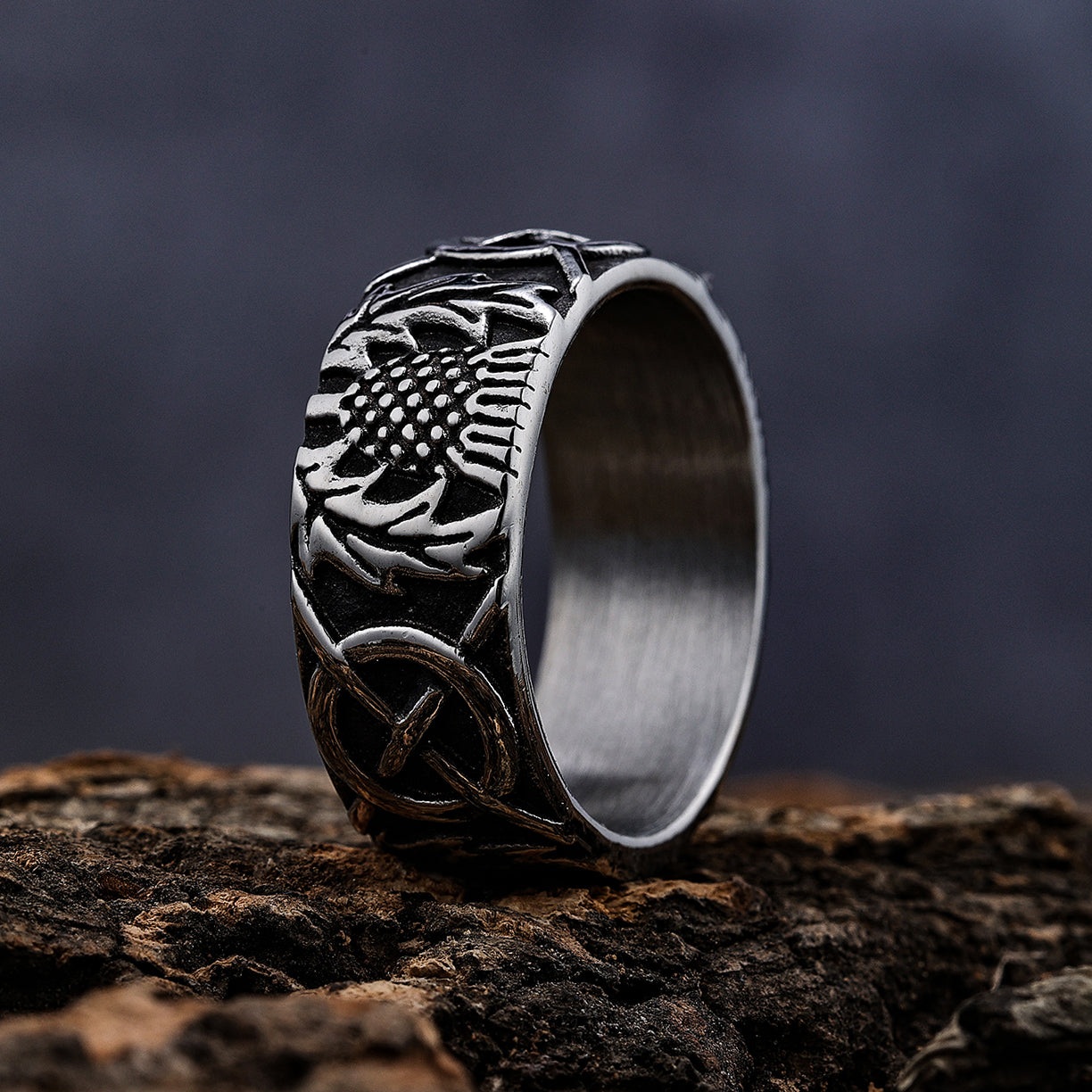 Solid Celtic Knotwork with Scottish Thistle Stainless Steel Ring