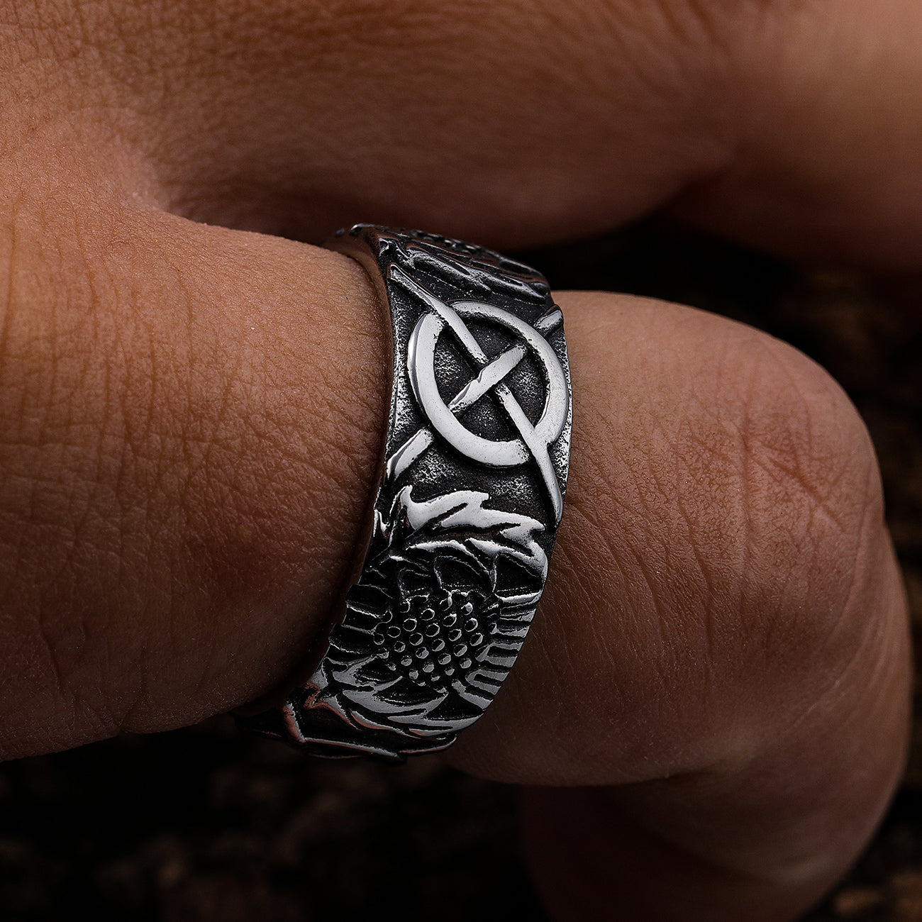 Solid Celtic Knotwork with Scottish Thistle Stainless Steel Ring