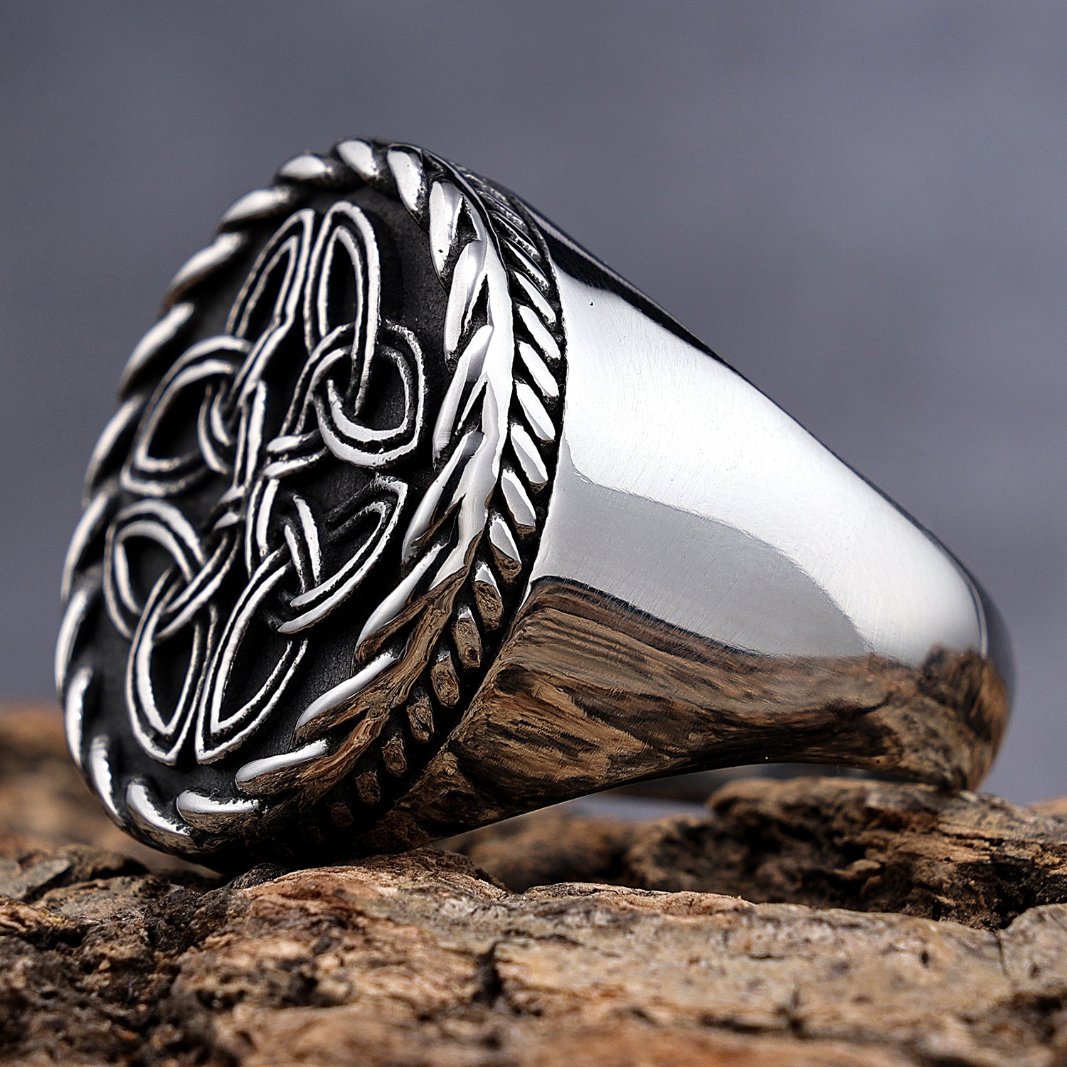 Celtic Quad Knot in Rope Trimmed Circle Ring